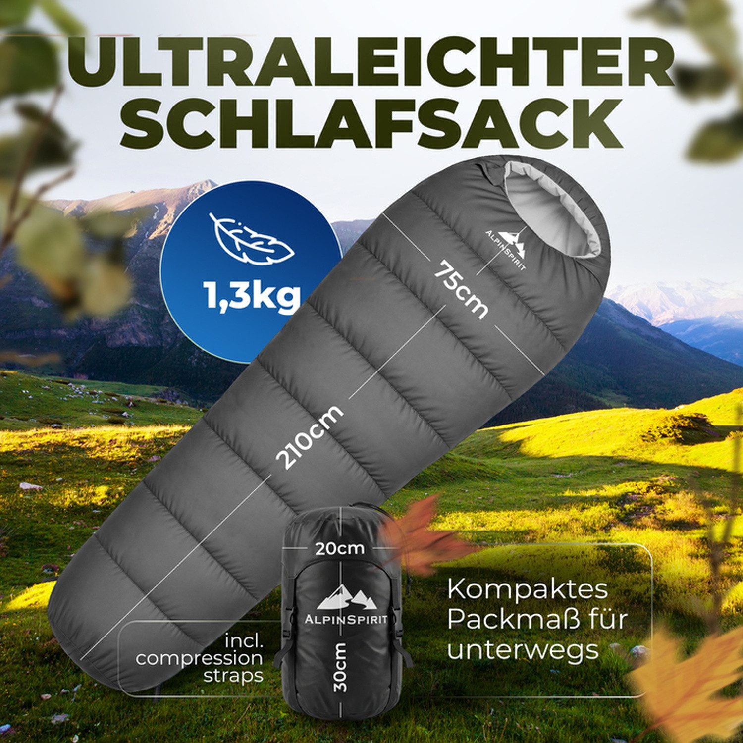 AlpinSpirit Mumienschlafsack [Ultraleicht] 3 Jahreszeiten Sommer & Winter, Packmaß, 210x75 cm (Festival, Trekking, Outdoor, Camping), 2 Wege Reißverschluss, 3 Jahreszeiten, Wasserabweisend