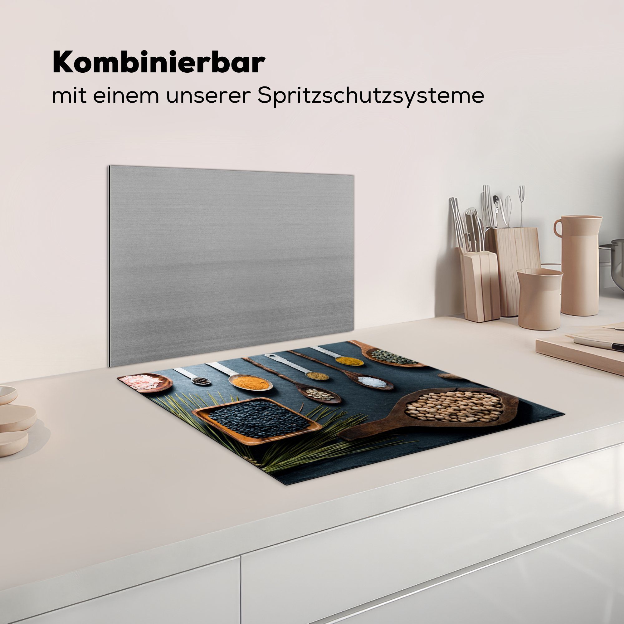 Induktionskochfeld, Kräuter - Löffel Küche, Herdblende-/Abdeckplatte cm, Ceranfeldabdeckung 57x51 Gewürze Vinyl, - MuchoWow (1 - tlg), Induktionsschutz,