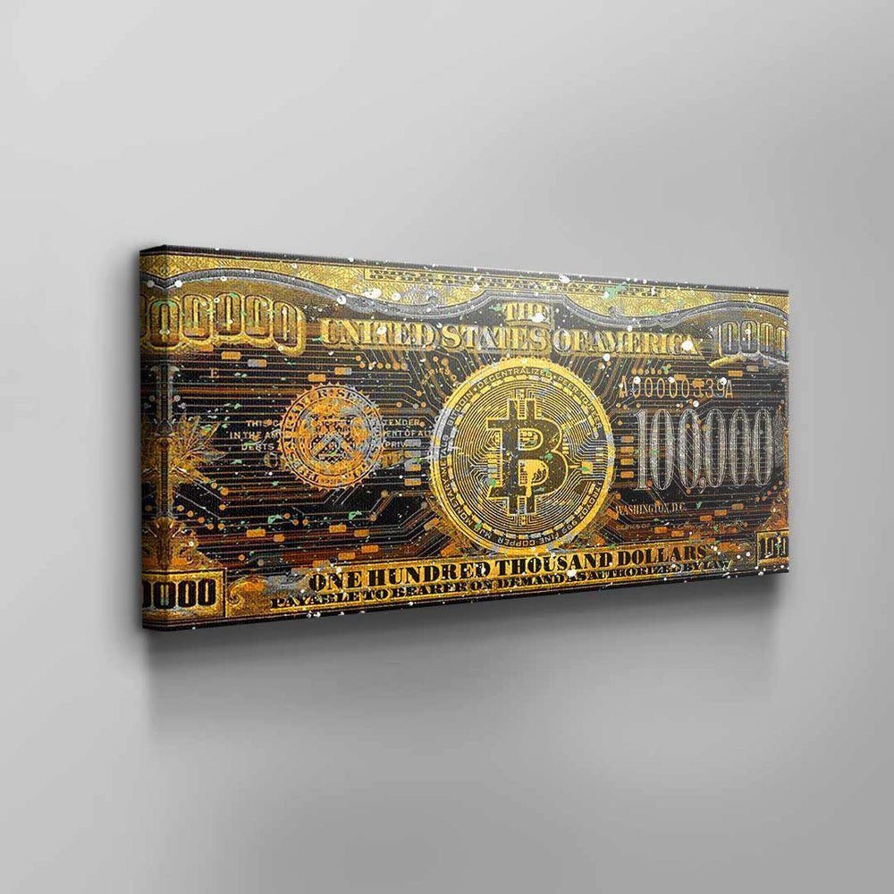 Rahmen gold Vision, Motivation Geld schwarz hundert Bitcoins Leinwandbild tausend dollar Wandbild DOTCOMCANVAS® Bitcoin weißer