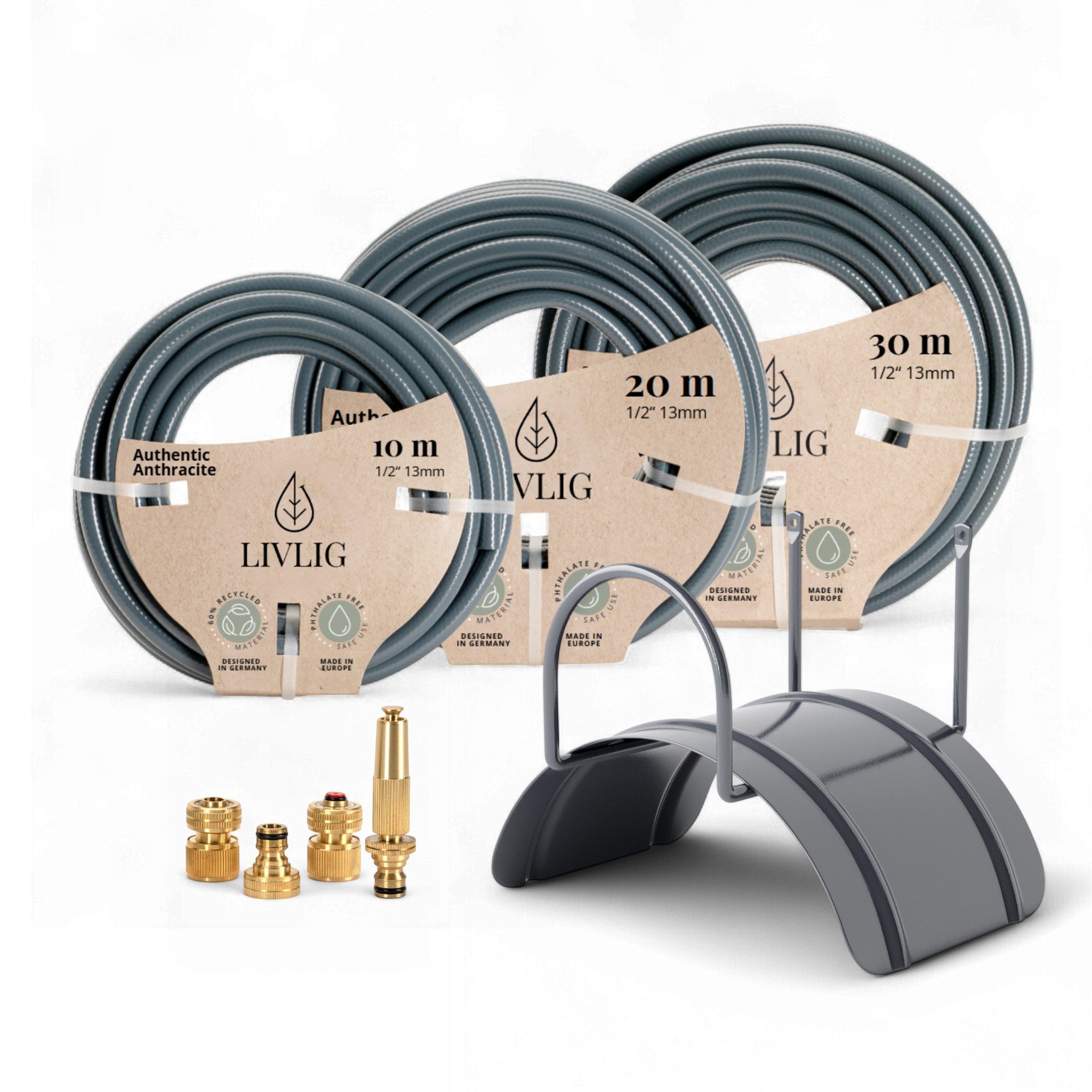 LIVLIG Gartenschlauch im Set, Schöner Gartenschlauch, Wandhalterung, Spritze, Anthrazit