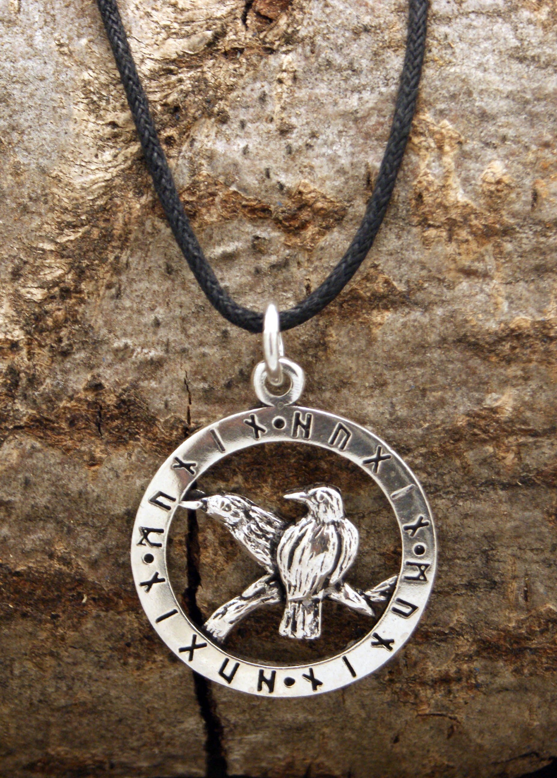 Leather Runen Ring Hugin 925 Sterling Silber Kiss of Munin Odins Namen Kettenanhänger Raben