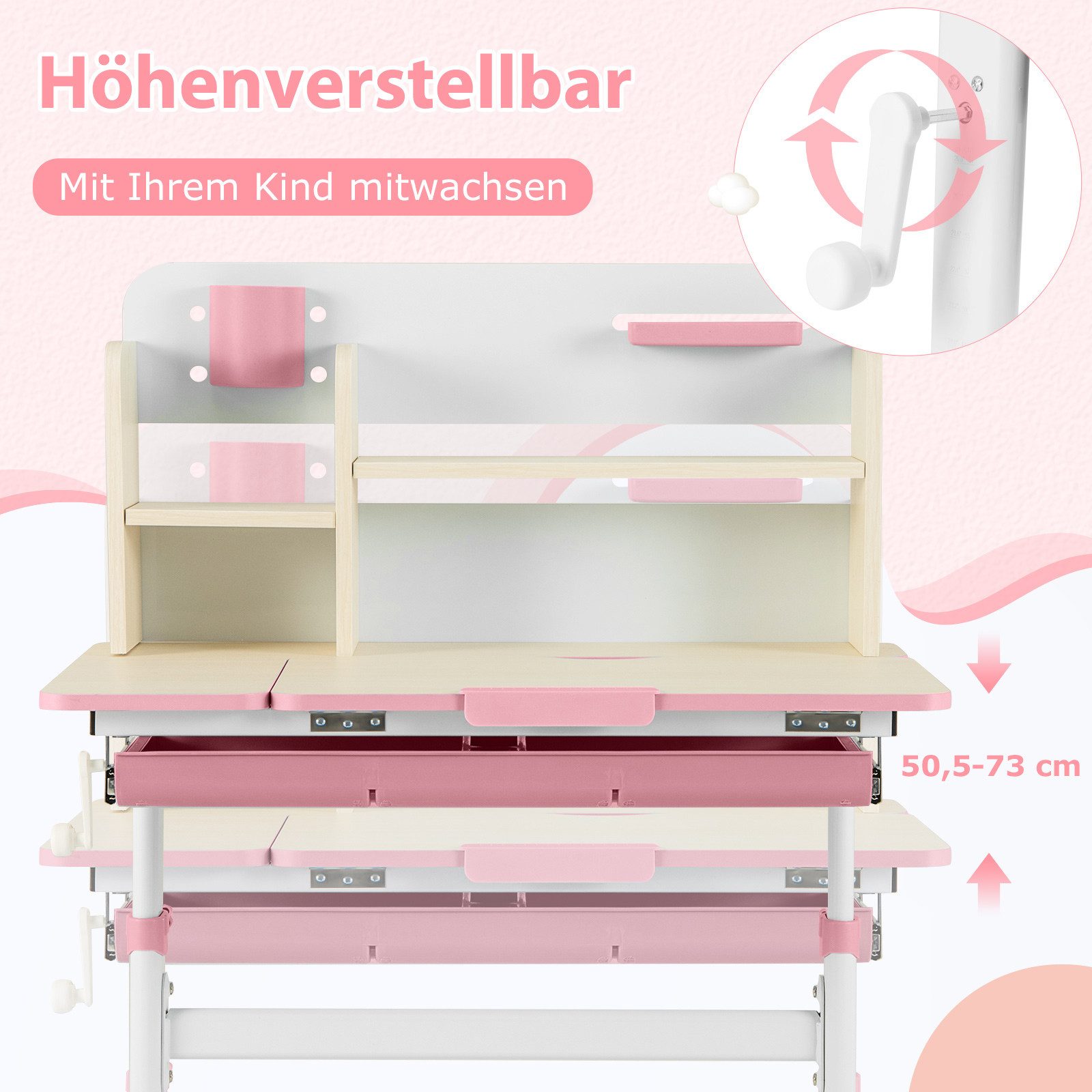 COSTWAY Kinderschreibtisch höhenverstellbar & neigbar, mit Schubladen