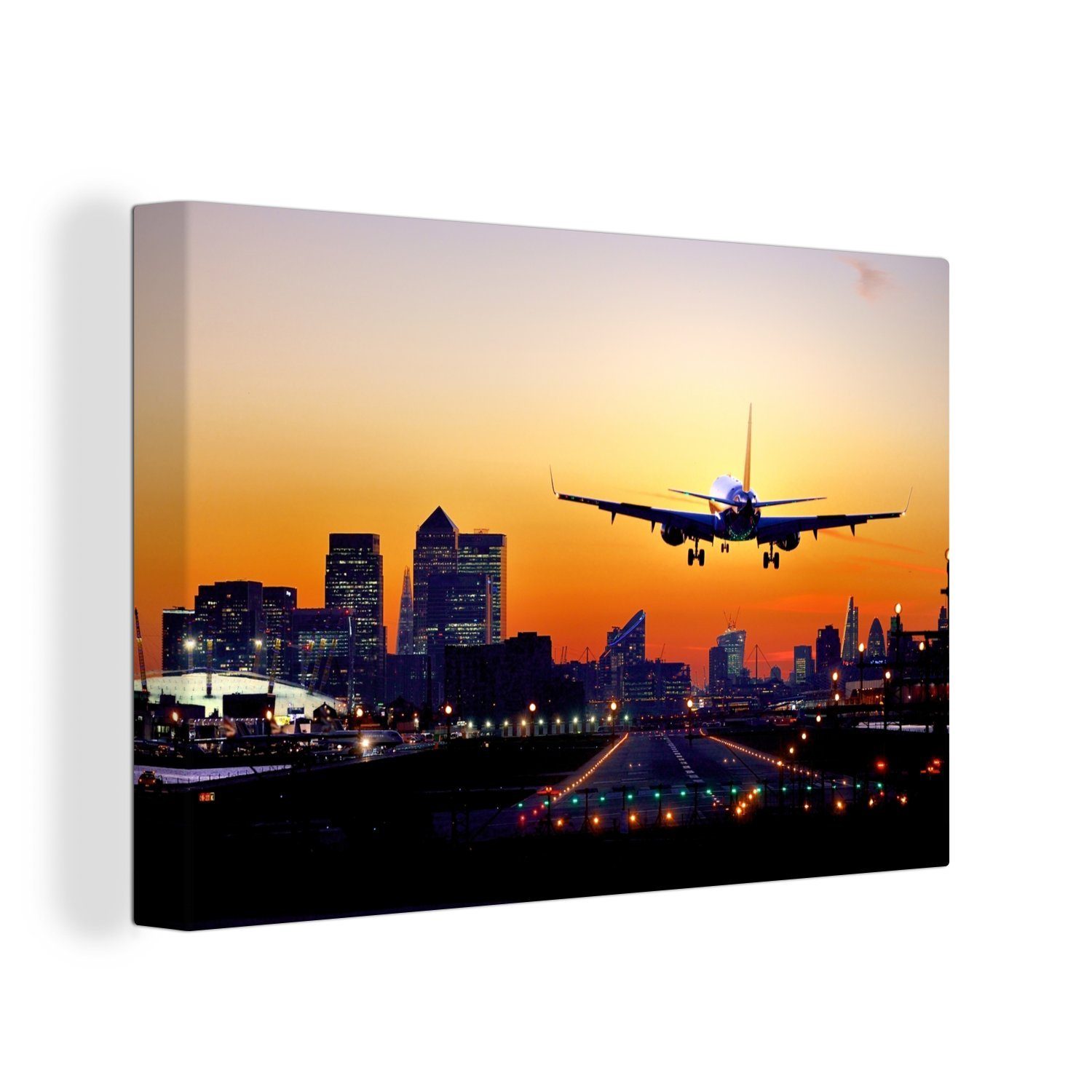 OneMillionCanvasses® Leinwandbild Flugzeug landet in London, (1 St), Wandbild Leinwandbilder, Aufhängefertig, Wanddeko, 30x20 cm