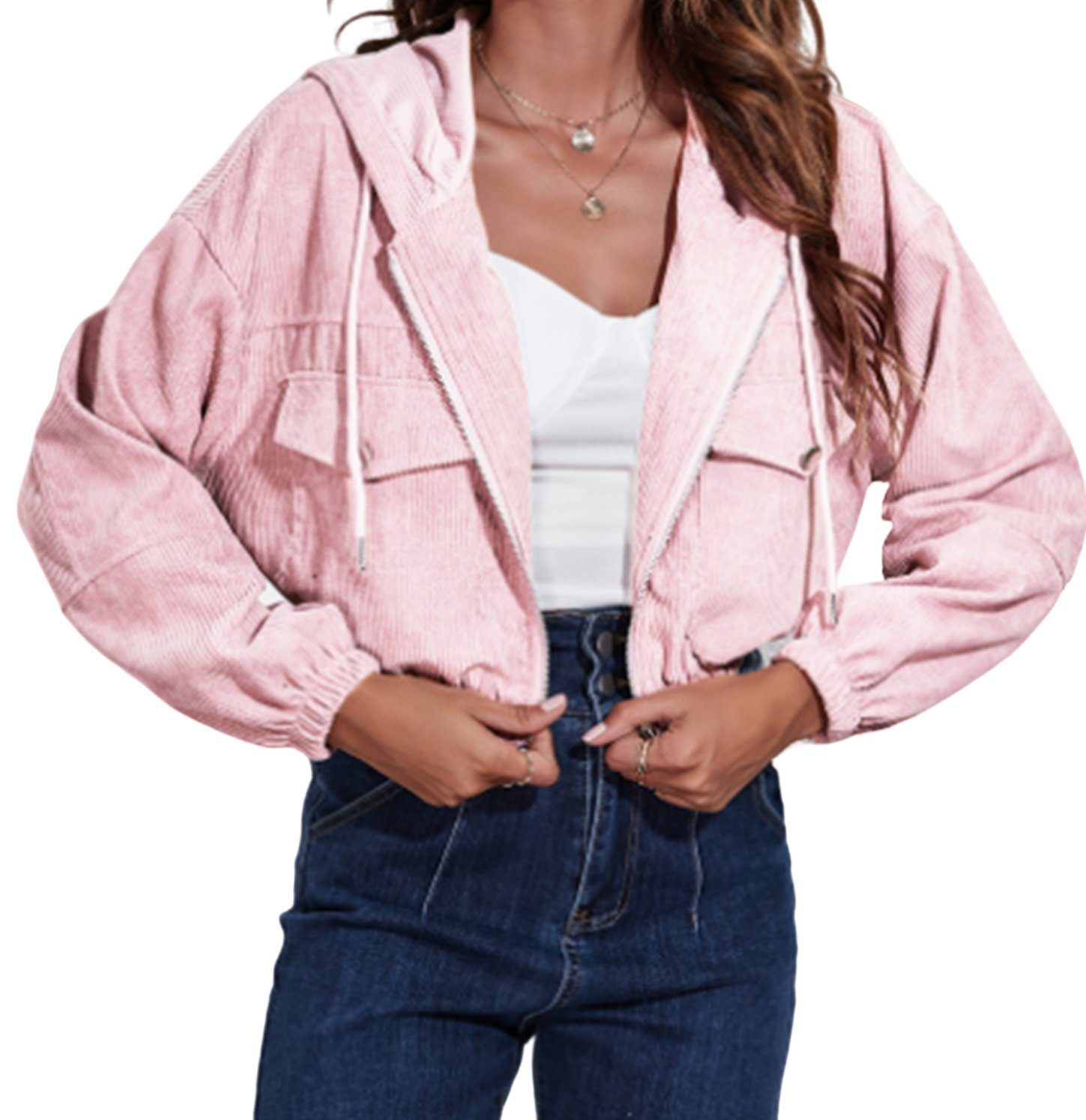 carefully selected Blouson Damen Cord-Kapuzenjacke Herbst Winter Langarm Kurzmantel Rosa