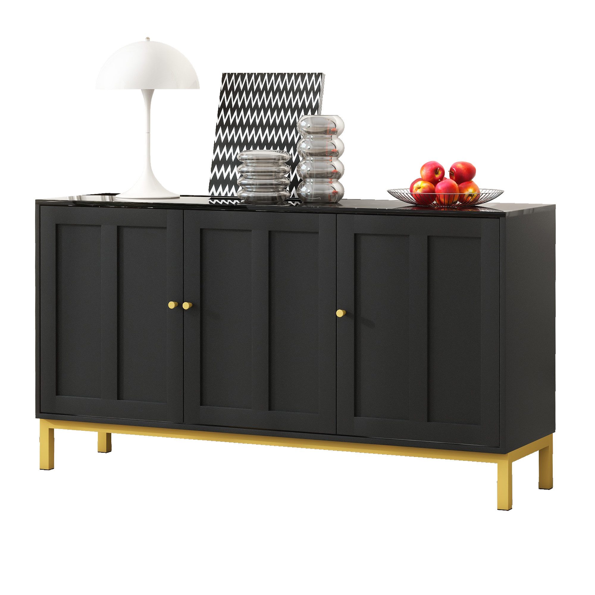 Merax Sideboard mit 3 Türen, Tischplatte mit Marmorimitat, Kommode Wohnzimmerschrank Buffet, B:140cm