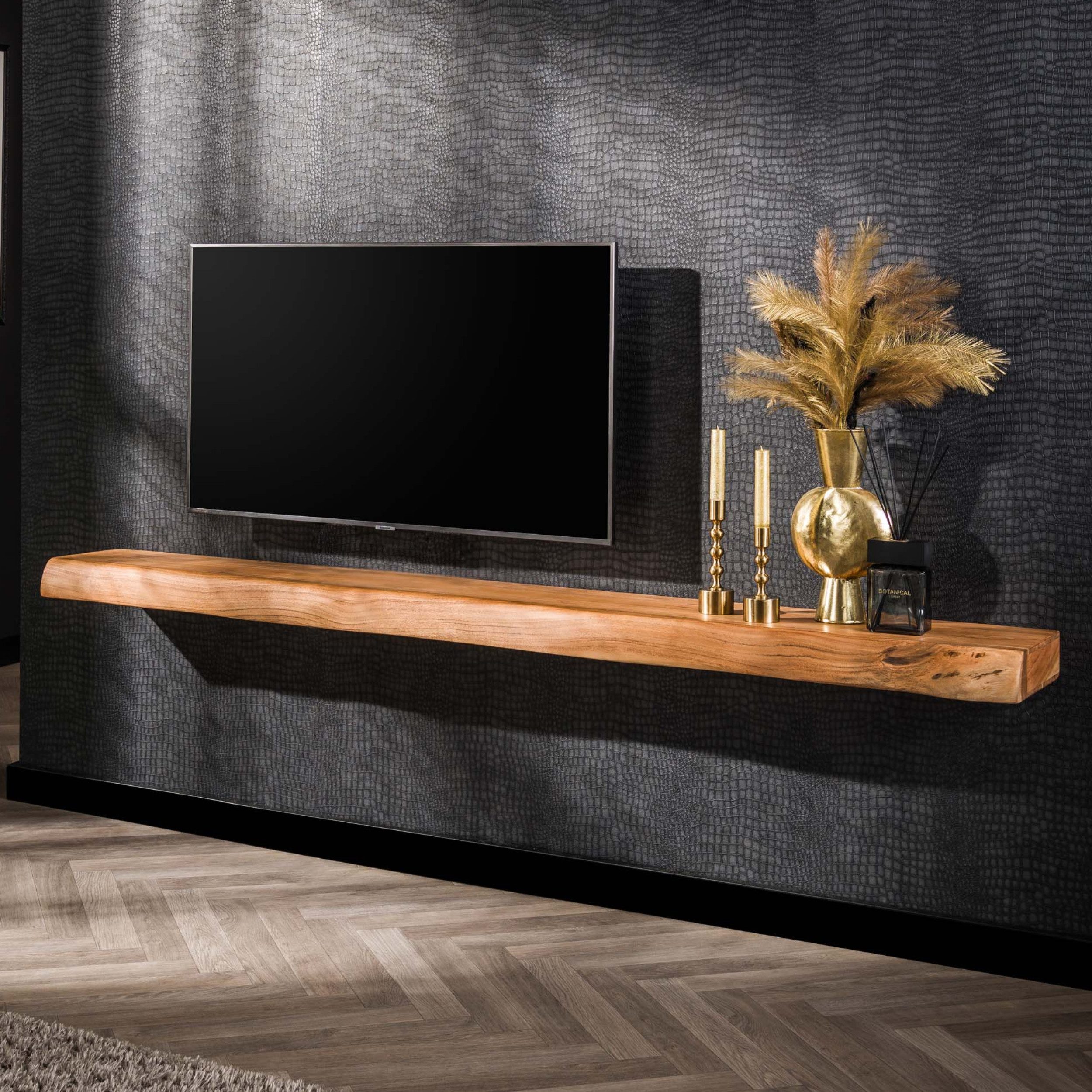 alesvelt Wandregal TREE 200 Massives Akazienholz-Schweberegal mit echter Baumkante 200 cm, 200x25x8cm