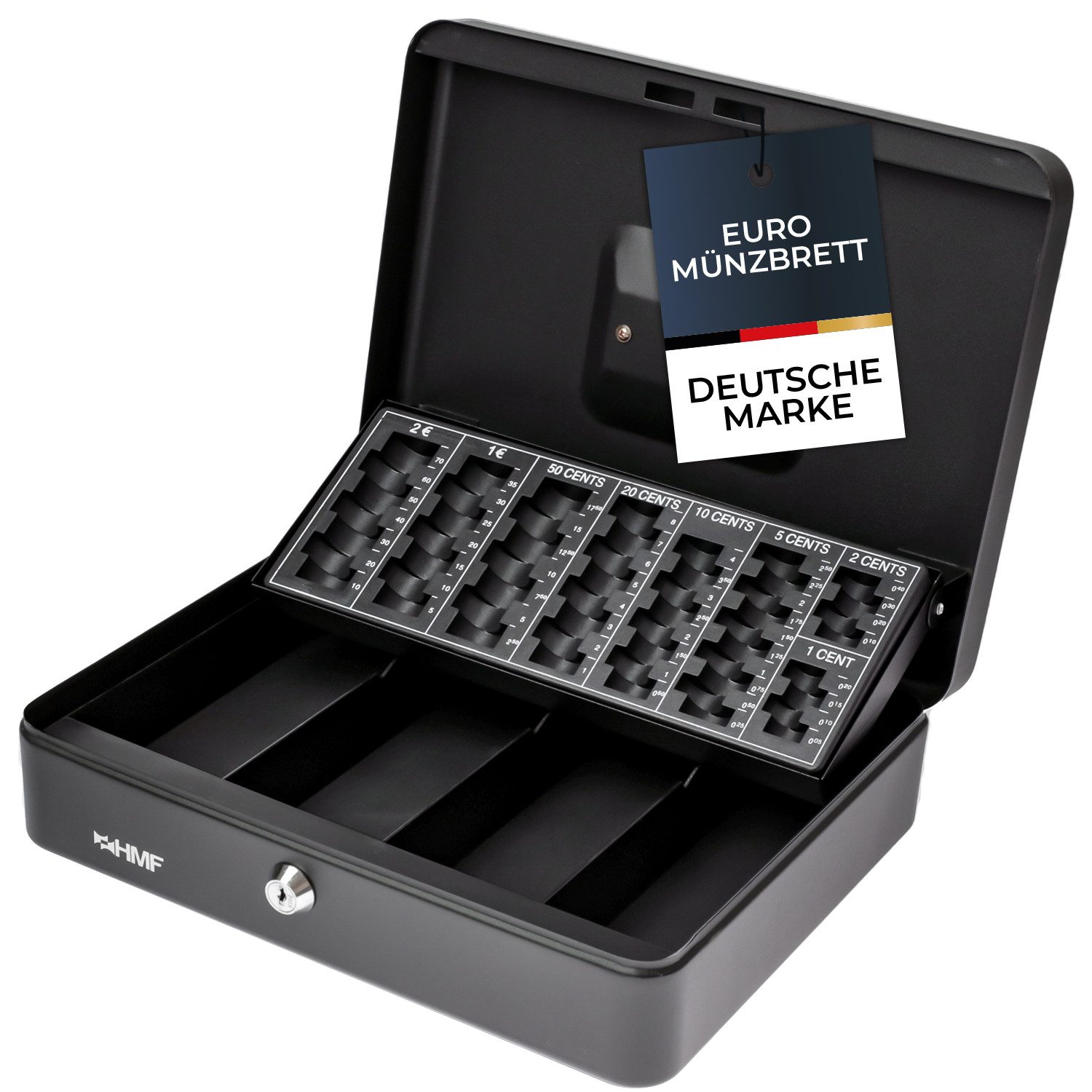 HMF Geldkassette Abschließbare Bargeldkasse mit Münzzählbrett und 4 Banknotenfächern, robuste Geldbox mit Schlüssel, 30,5 x 24 x 8,5 cm, schwarz