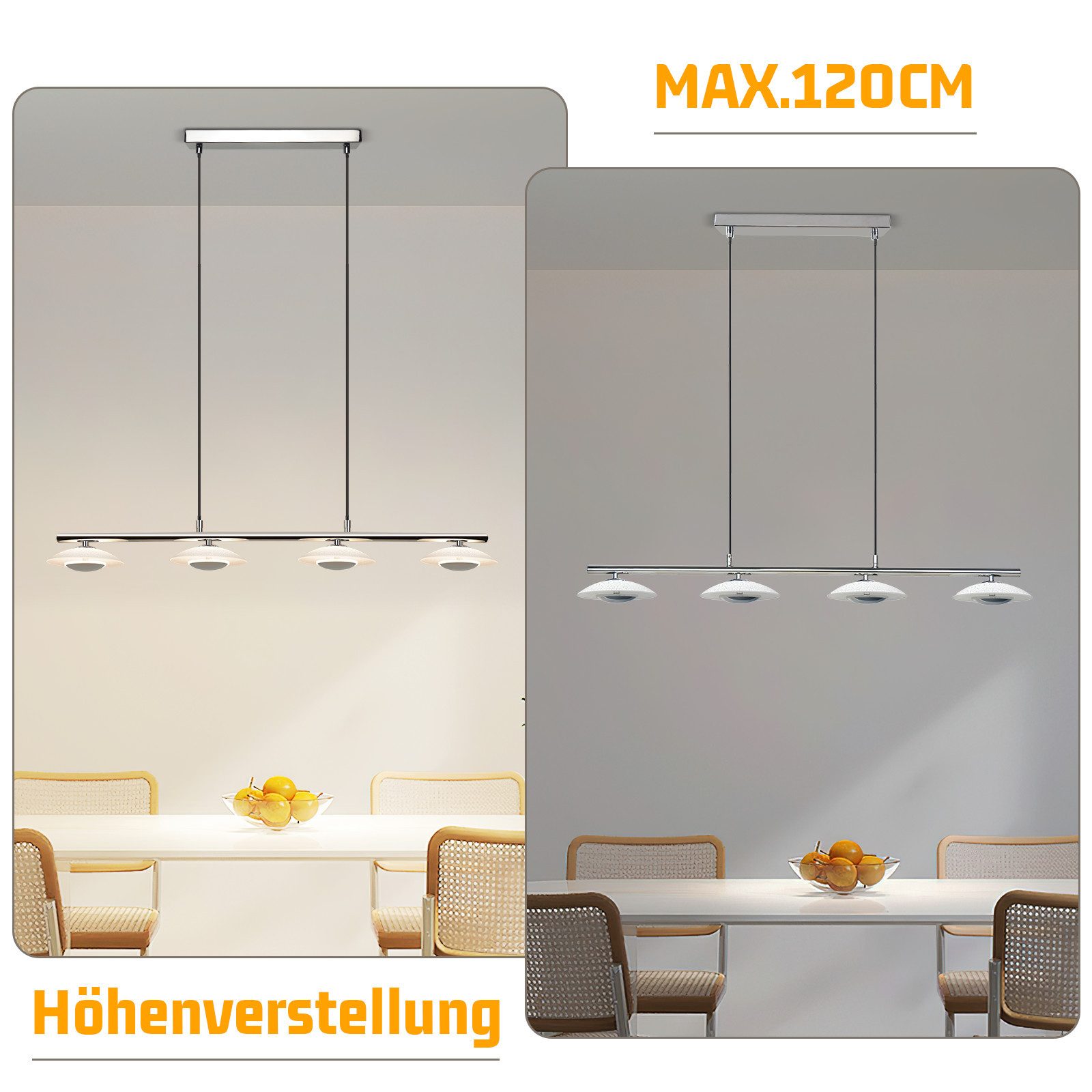 ZMH LED Pendelleuchte Esszimmer Chrom Glas Metall Pendellampe 3000K für Schlafzimmer Küche, LED fest integriert, Warmweiß, Höhenverstellbar Modern Design Hängel – Bild 4 von 5