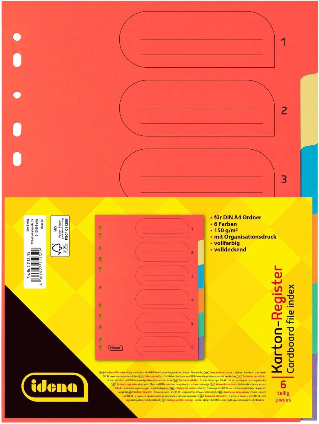 Idena Spiel Idena Kartonregister 6-teilig - Farbige A4 Register für perfekte Organ