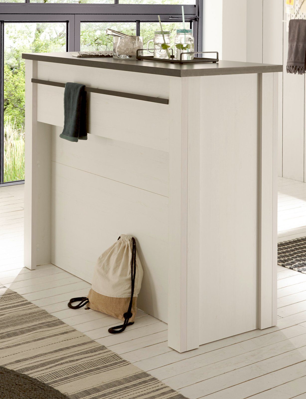 Furn.Design Barschrank Stove (Theke in weiß Pinie Landhaus, 130 x 106 cm) als Küchentheke oder gemütliche Bar