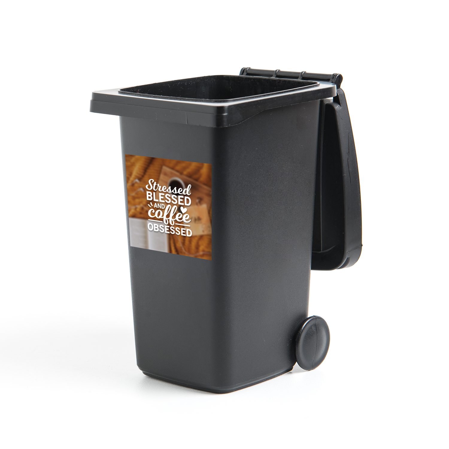 und Mülltonne, Kaffee (1 - Sticker, Mülleimer-aufkleber, gesegnet Container, Zitate Gestresst, Wandsticker Kaffee Abfalbehälter MuchoWow - St),