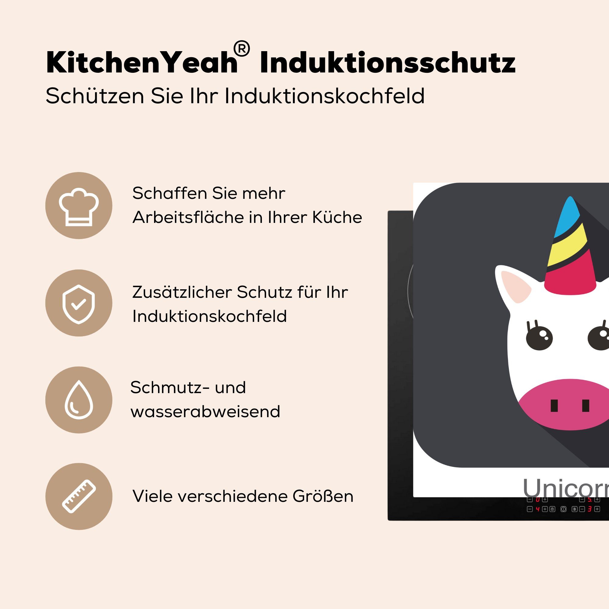 (1 Herdblende-/Abdeckplatte Illustration, Einhorn Logo cm, Ceranfeldabdeckung, für Vinyl, tlg), Kinder 78x78 küche MuchoWow Arbeitsplatte