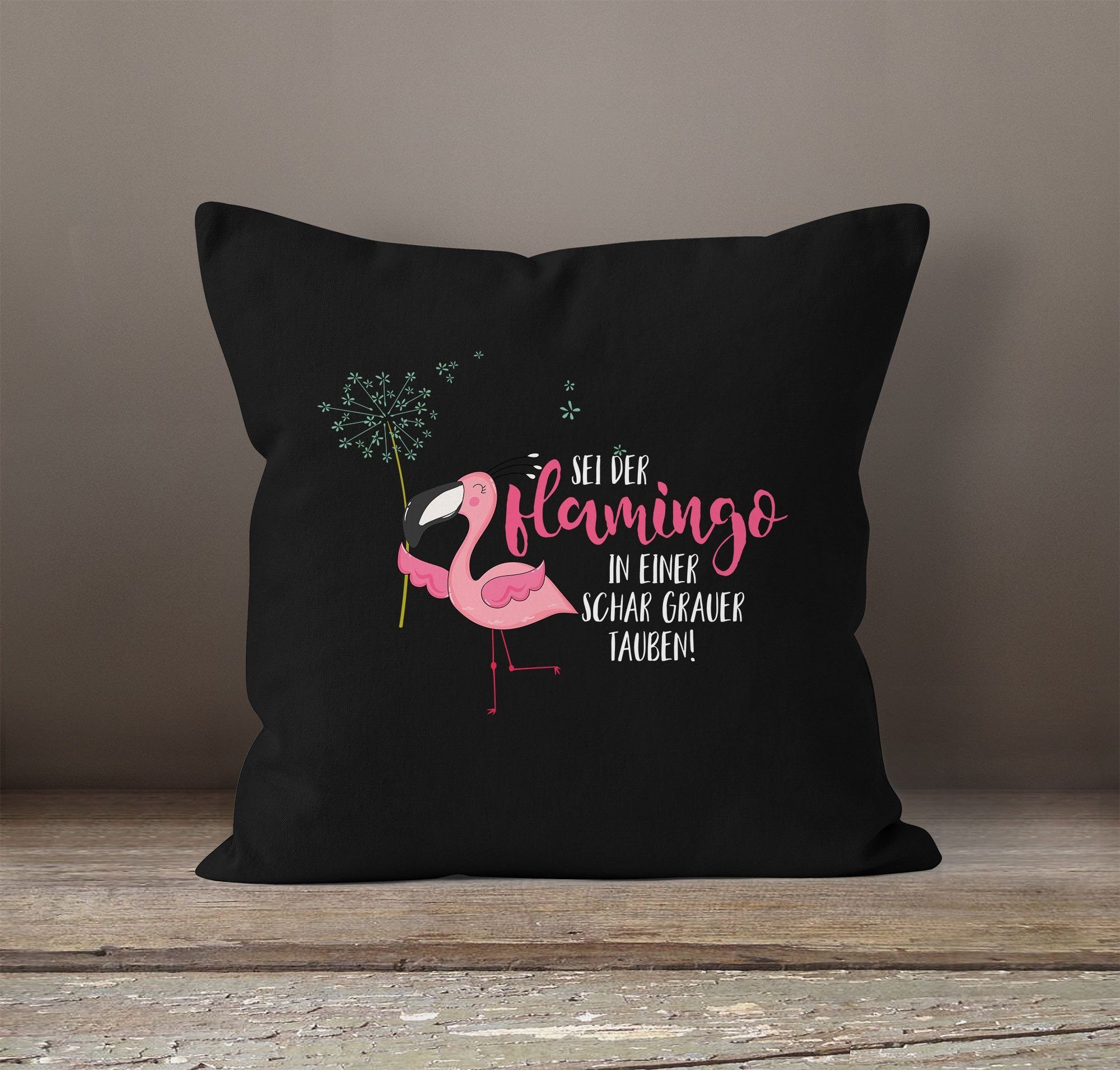 MoonWorks Dekokissen grauer Pusteblume Kissenbezug in Flamingo Kissen-Hülle Baumwolle schwarz der sei Deko-Kissen Tauben Schar MoonWorks® Flamingo einer 40x40