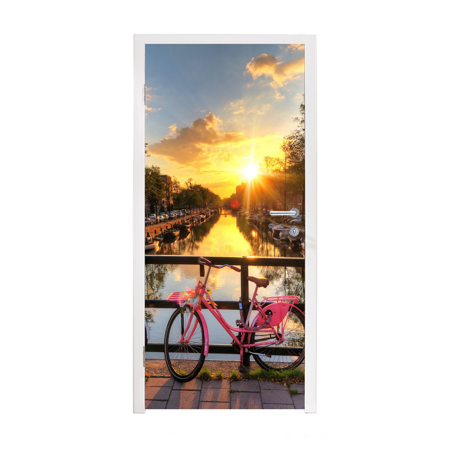 MuchoWow Türtapete Amsterdam - Blumen - Brücke - Fahrrad - Sonnenuntergang, Matt, bedruckt, (1 St), Fototapete für Tür, Türaufkleber, 75x205 cm | Türtapeten