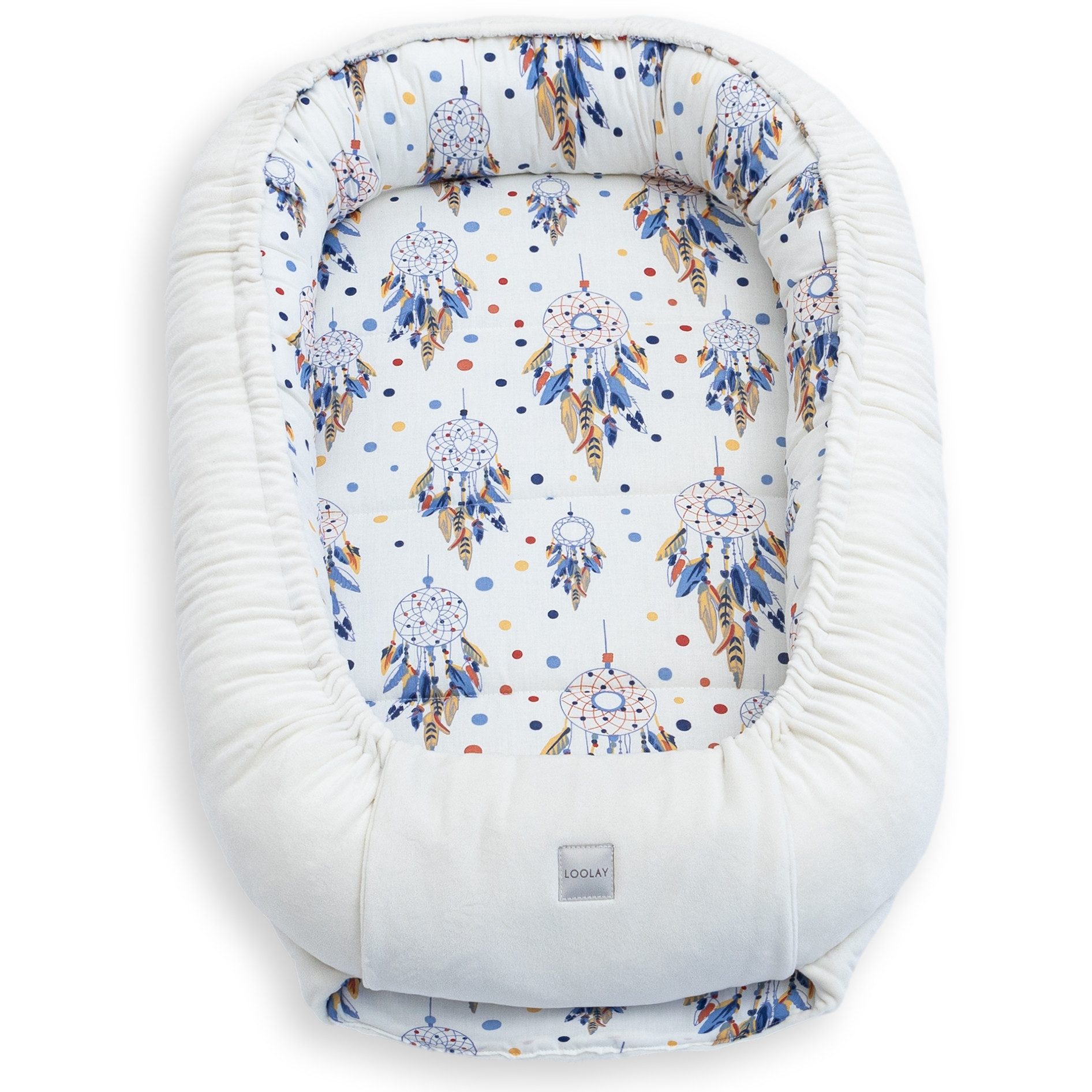 Loolay Kuschelnest BABYNEST SOLO Premium Babyausstattung - Baumwolle & Samt Velours, (MUSTER: ECRU Samt Velour/ Traumfänger Ecru, 1-tlg., Liebevoll handgefertigt Nestchen! Geborgenheit Komfort für Neugeborene), Premium Ausstattung - 100% Europäische Stoffe und Kleinserien-Nähen!