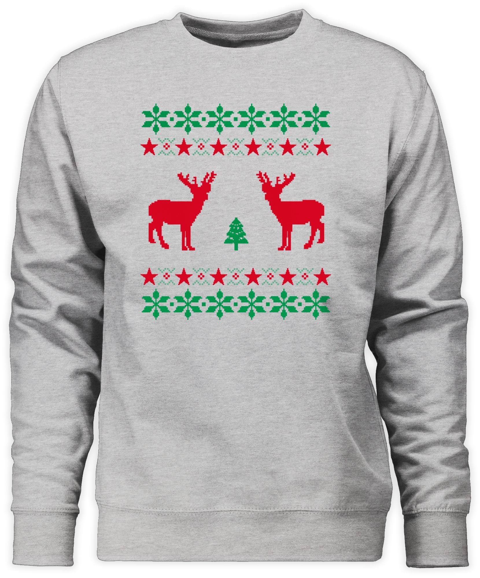 (1-tlg) 3 Norweger Grau Sweatshirt Shirtracer Pixel Weihnachten meliert Kleidung Rentier Weihachten