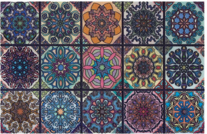 Fußmatte Mandala klein, Home affaire, rechteckig, Höhe: 6 mm, mit Spruch, Kacheln Design, Rutschfest, Kräftige Farben