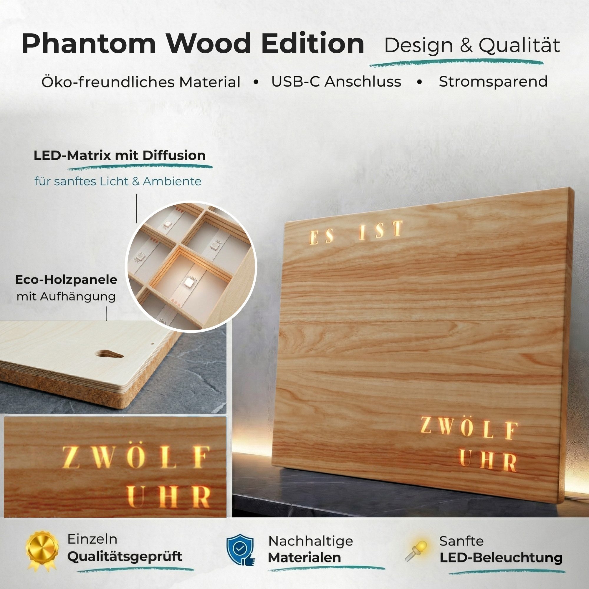 build-yours.de Wanduhr Wortuhr Jupiter in Deutsch - LED Wanduhr zum Aufhängen & Hinstellen (Elegante WordClock aus Stuttgart)