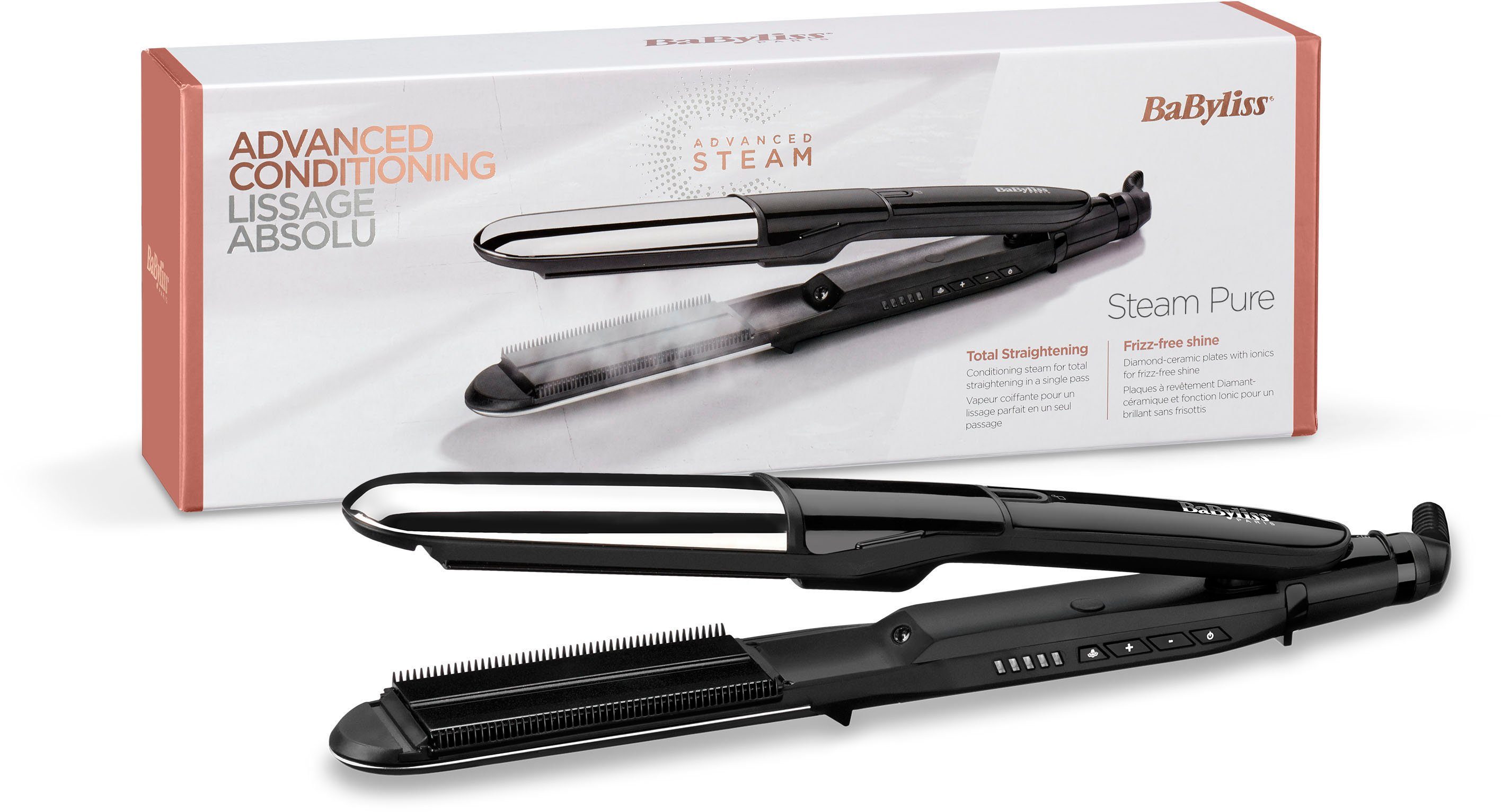 BaByliss Glätteisen ST495E Diamond-Ceramic-Beschichtung, Steam Pure 2-in-1  Dampfglätteisen, Integrierter Kamm verteilt Haare perfekt, 2 abnehmbare  Silikon-Schutzaufsätze