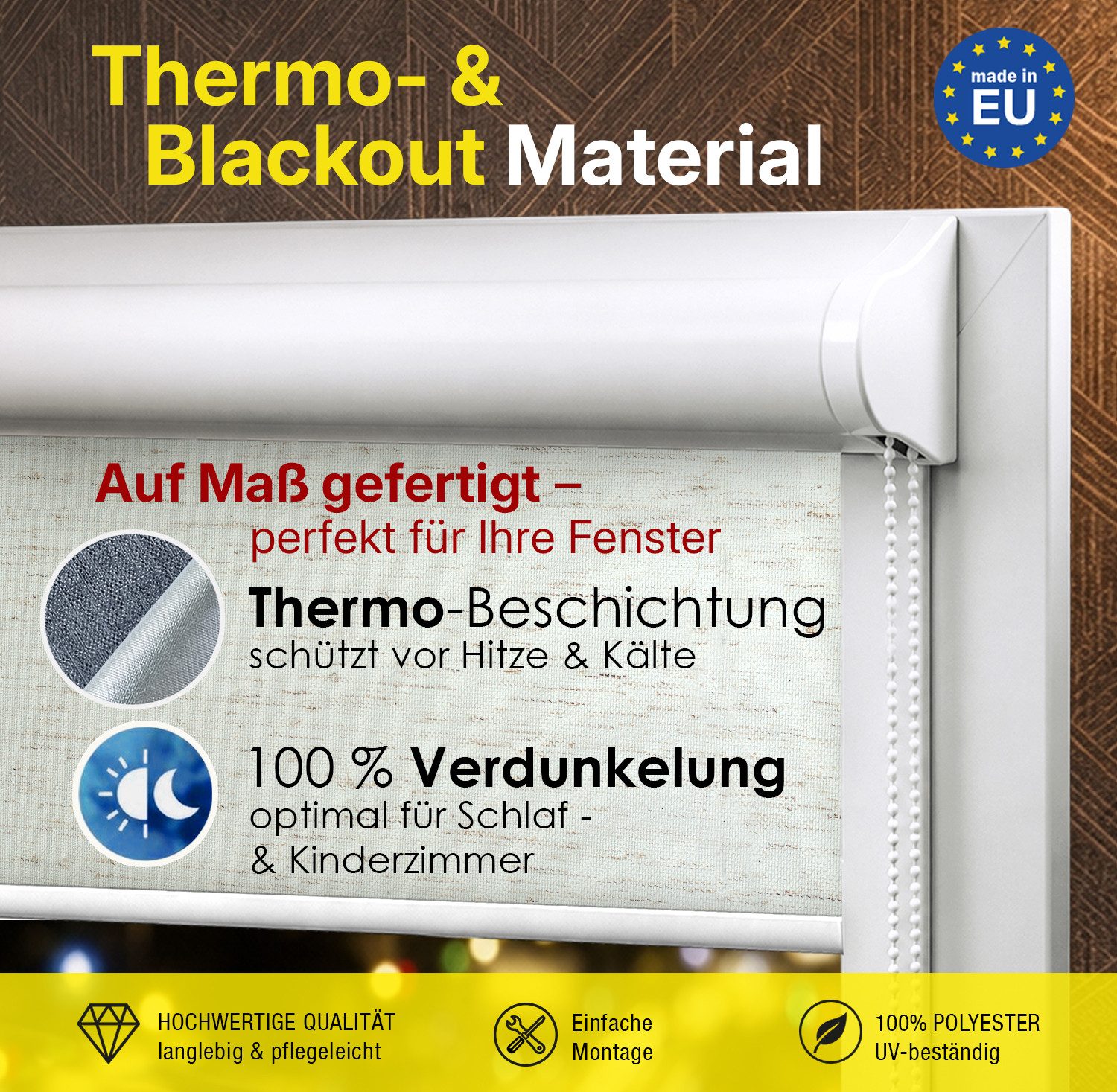 Rollo Premium Blackout Thermo Kassettenrollo mit Seitenführung, DomDeco, blickdicht, ohne Bohren, zum Kleben oder Schrauben