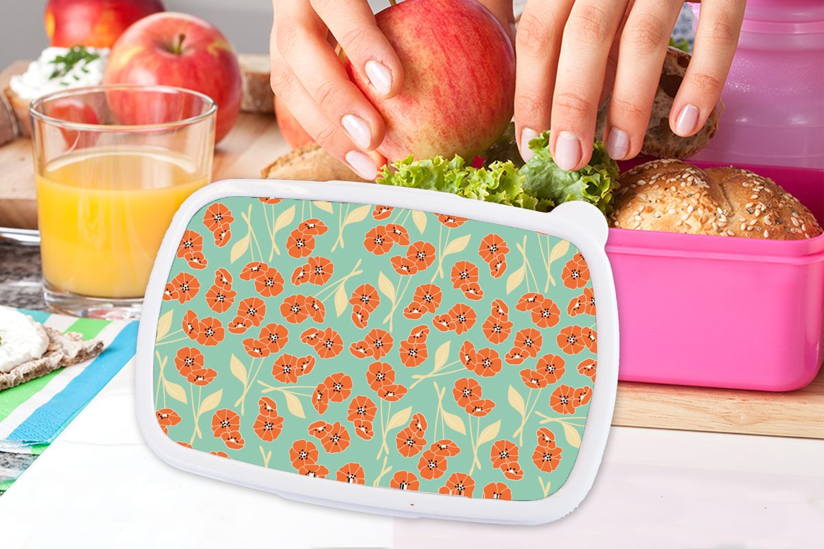 Erwachsene, Lunchbox Brotdose - Kunststoff, Design MuchoWow - - Snackbox, rosa Kunststoff Mädchen, Kinder, Retro (2-tlg), Orange, für Blumen Brotbox