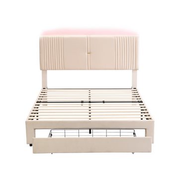 MODFU Polsterbett Doppelbett mit Lichtleiste und USB-Buchse, smat (Rückenlehne und großer Schublade, geeignet für Erwachsene und Jugendliche 140 x 200cm), ohne Matratze
