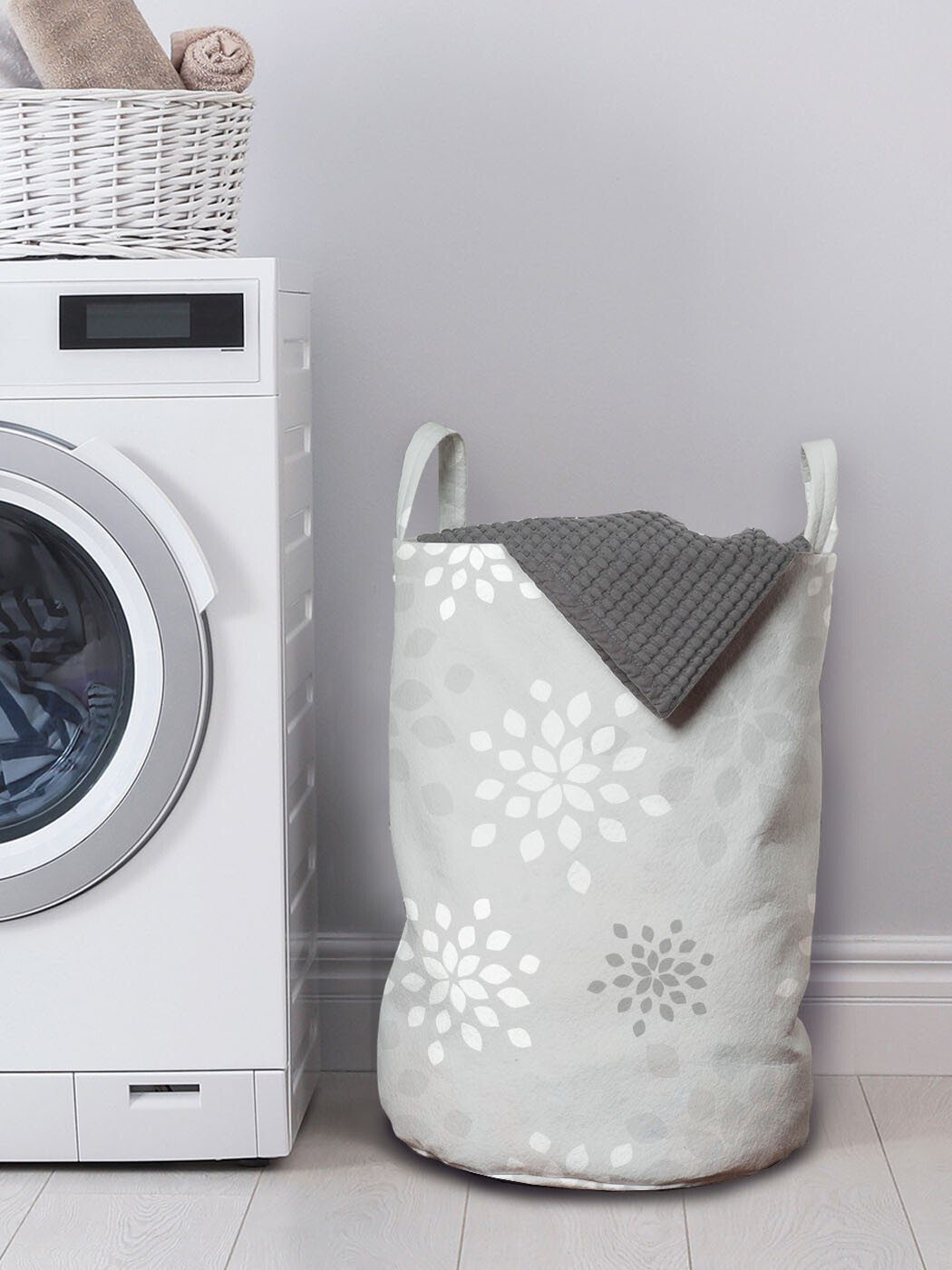 Abakuhaus Wäschesäckchen Wäschekorb mit Griffen Waschsalons, Weiß Grau Kordelzugverschluss und Pflanze für Schönheit Shabby