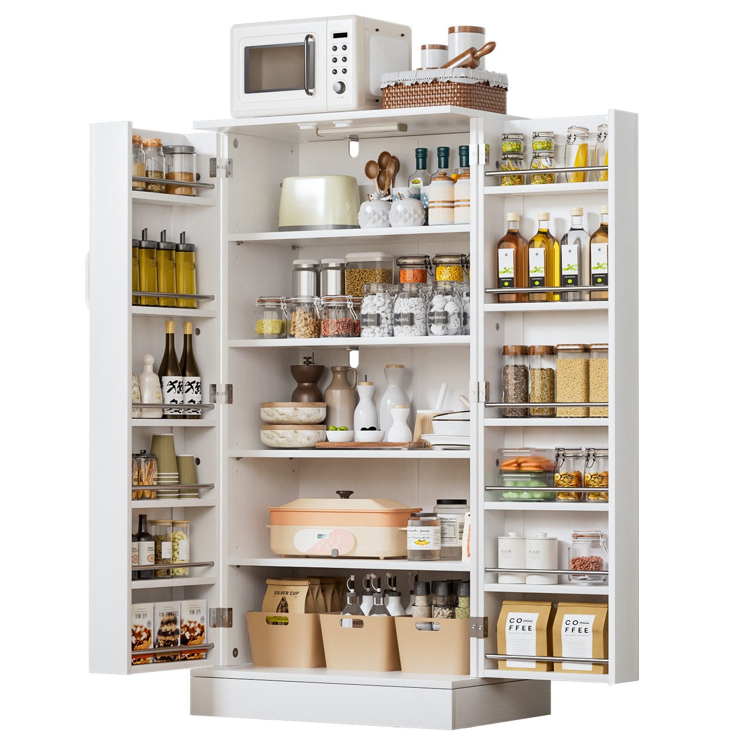 Yorbay Mehrzweckschrank Küchenschrank mit LED-Sensorlicht & höhenverstellbaren Regalen (118x60x38cm) Freistehender Vorratsschrank mit Doppeltüren für Küche & Wohnzimmer