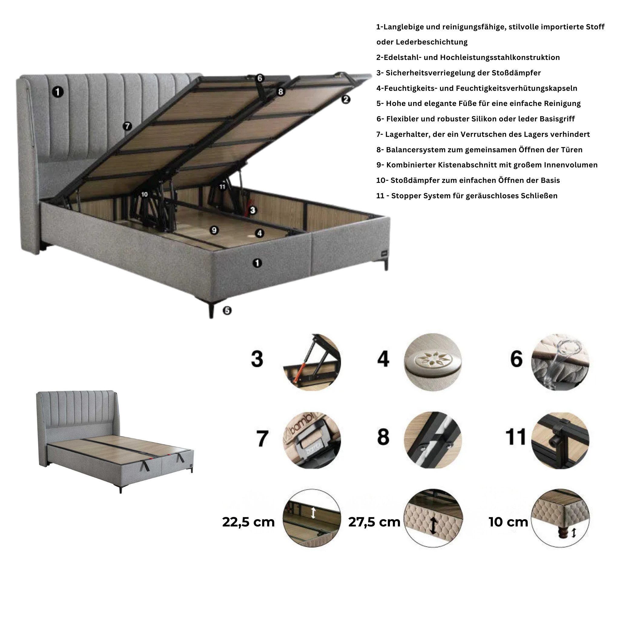 Bambi Boxspringbett Boxspringbett Blacksand Stauraumbett inkl. Matratze und Kopfteile (Kopfteile + 2 Bettkästen + Matratze (Nachttisch Optional), Bettkästen mit – Bild 5 von 5