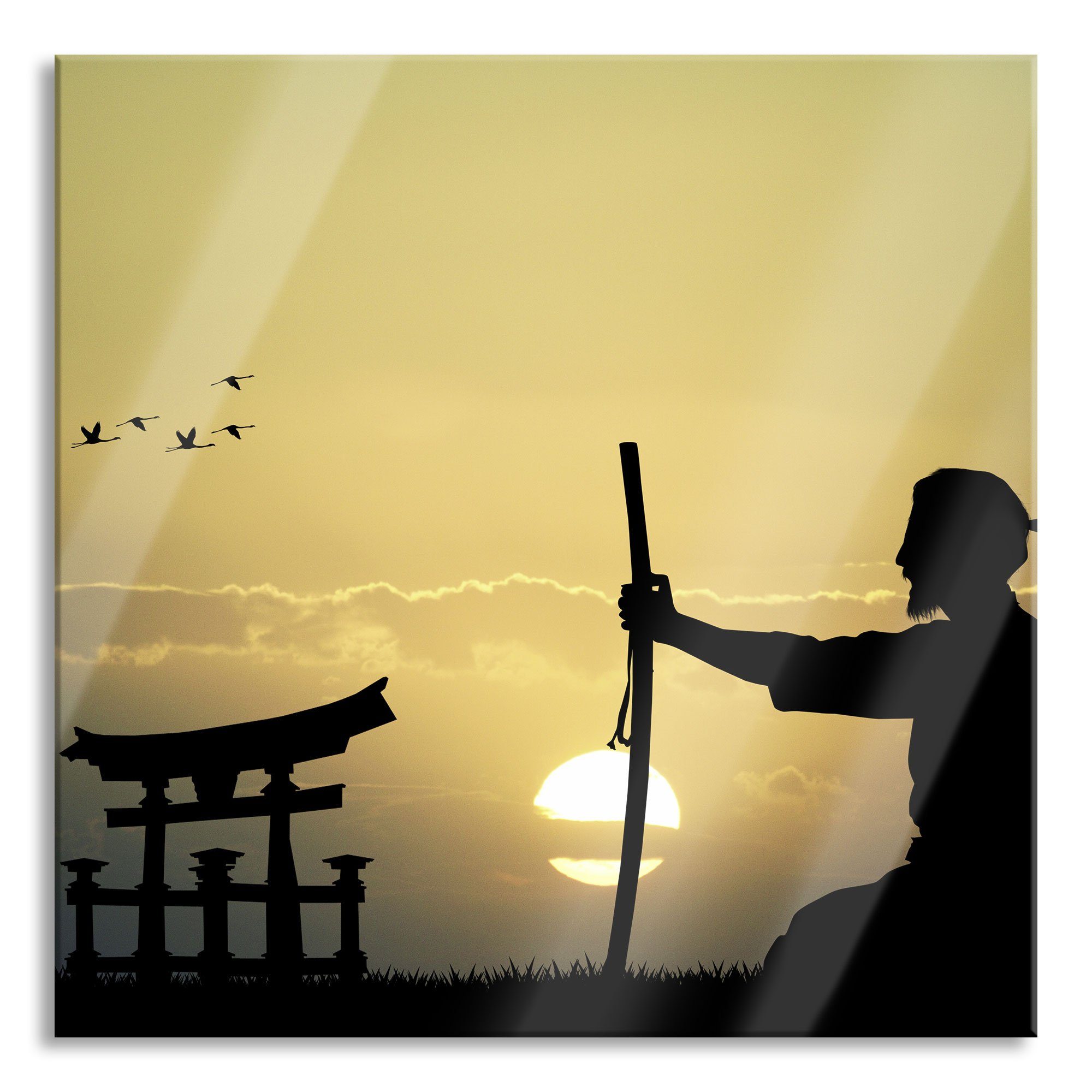 Echtglas, Pixxprint Horizont, Glasbild Samurai-Meister Aufhängungen St), Horizont aus (1 Abstandshalter inkl. Samurai-Meister und vor vor Glasbild