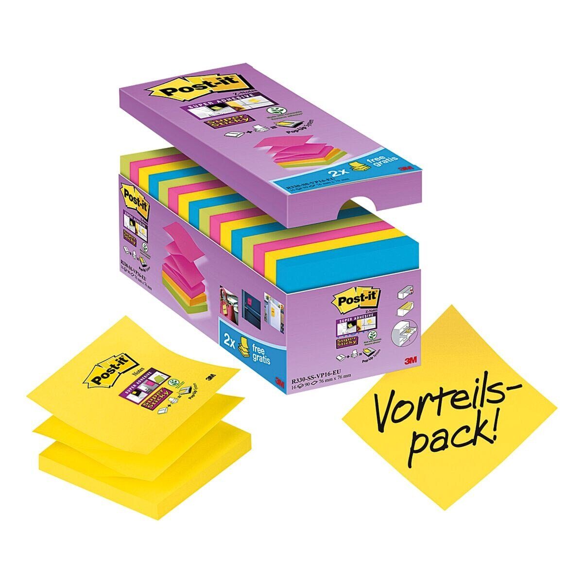 Post-it Super Sticky Haftnotizblock Z-Notes, 7,6x7,6 cm, mit Z-Faltung