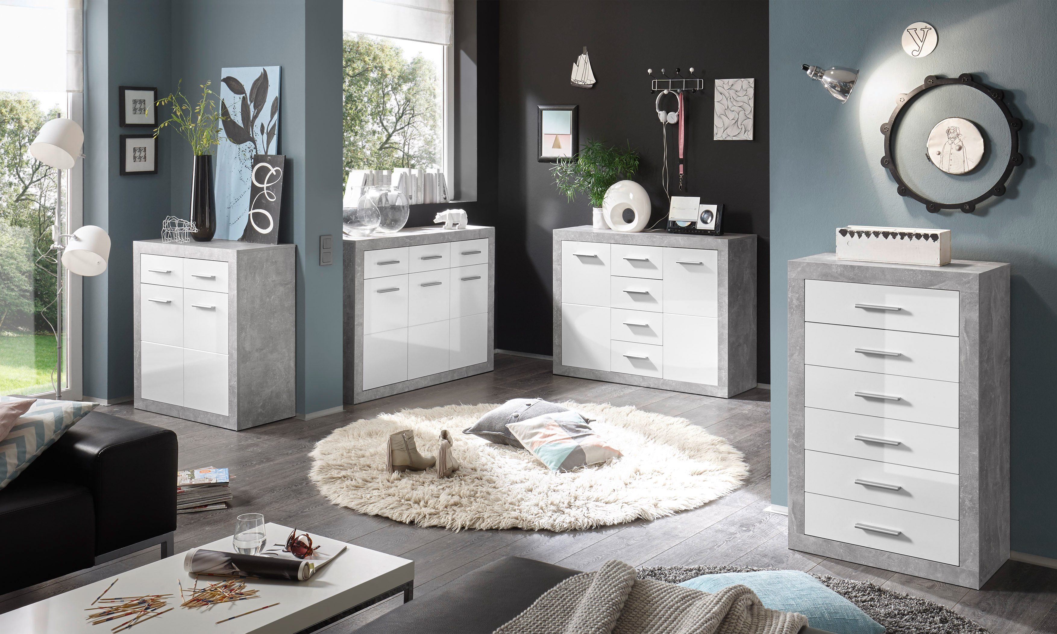 HBZ Sideboard Stone weiß Hochglanz, Schrank mit Schubkästen BxHxT 66x102x37 cm (1 St), Beton Dekor und weiß Hochglanz, Schrank mit 6 Schubkästen