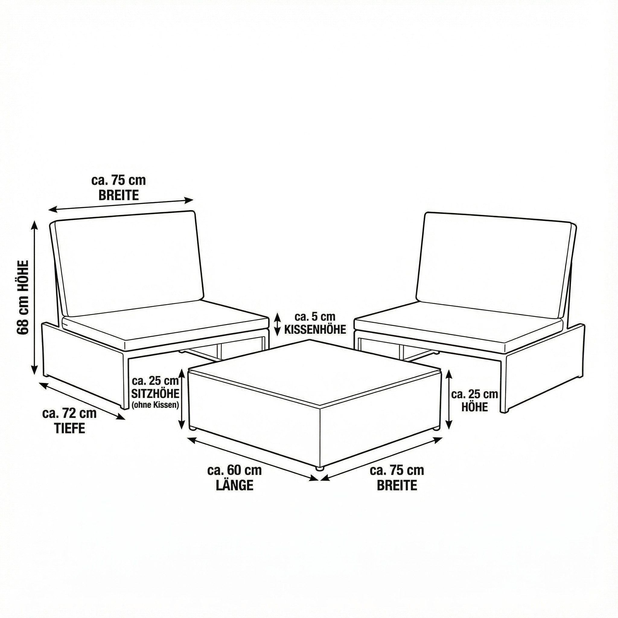 Mucola Balkonset Balkon-Sitzset 3-teilig aus Polyrattan – kompakt für Balkon & Terrasse, (Sitzgruppe, 3-teiliges Sitzset bestehend aus 2 Sesseln und 1 Tisch), Kompakte Bauweise für Balkon und kleine Terrassen