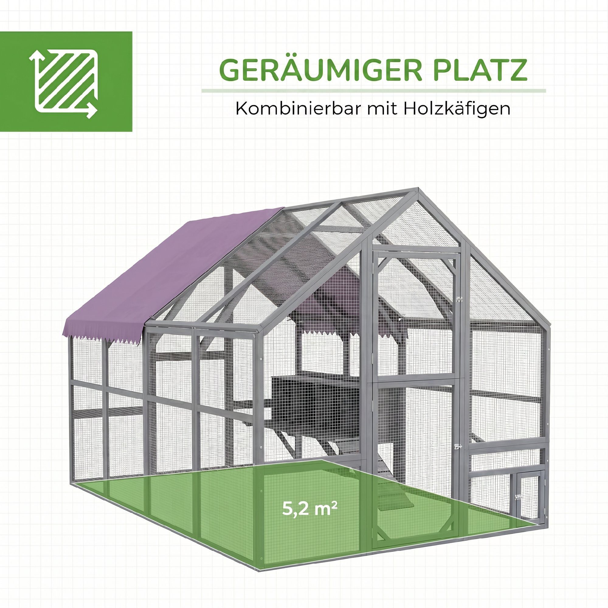 PawHut Hühnerstall Freilaufgehege Holz mit Freilauf, Sicherheitsschloss, 280 x 185,5 x 188 cm Außengehege für 8-12 Hühner, Grau – Bild 4 von 5