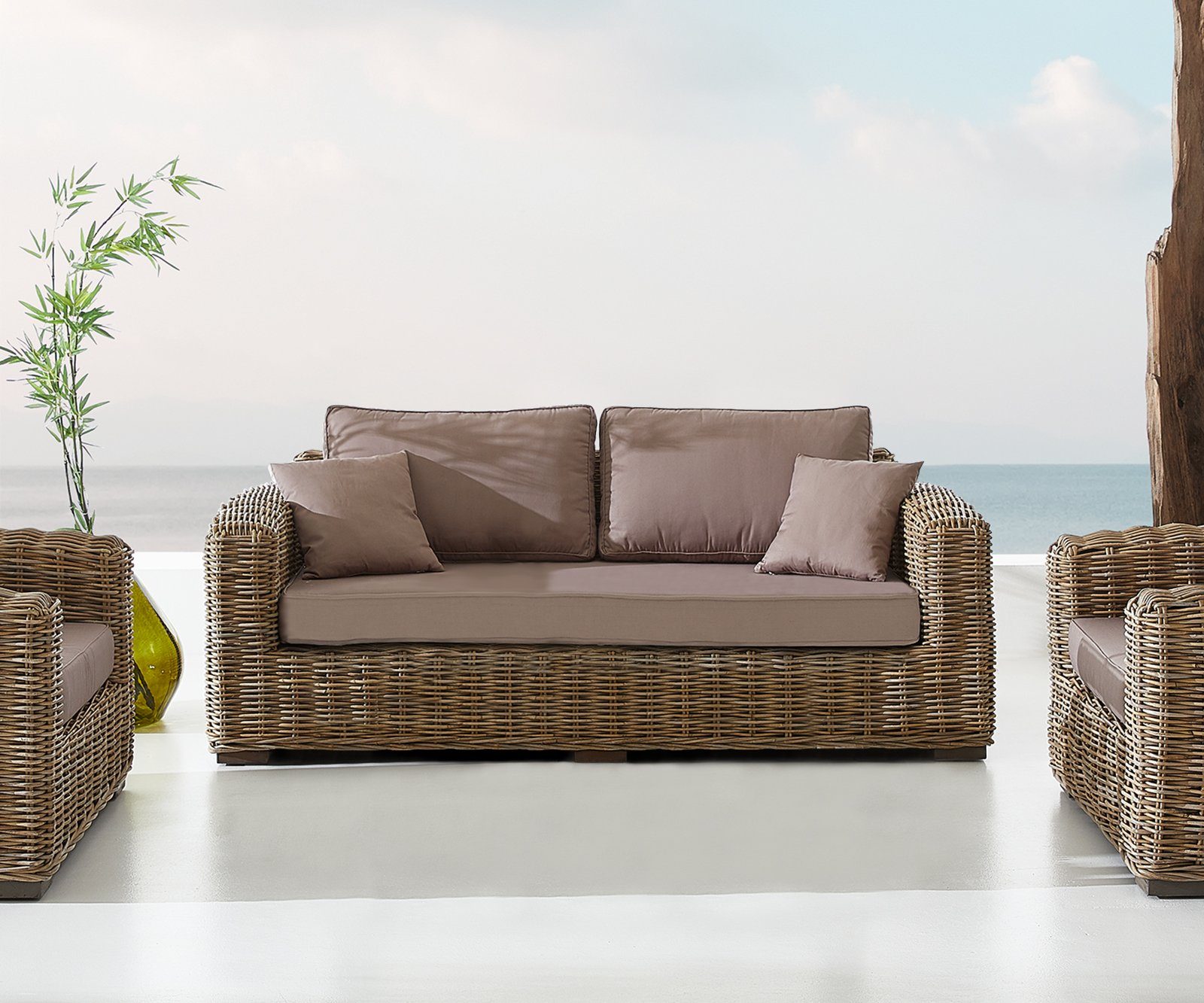 DELIFE Gartensessel »Nizza«, 2-Sitzer Rattan grau 180x95 cm mit braunen  Kissen Lounge-Sofa
