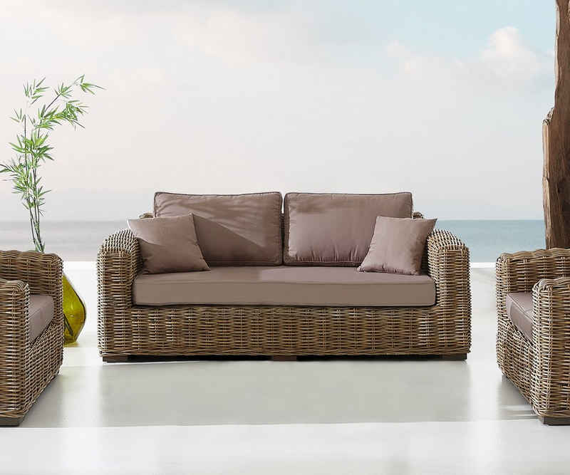 DELIFE Gartensessel Nizza, 2-Sitzer Rattan grau 180x95 cm mit braunen Kissen Lounge-Sofa