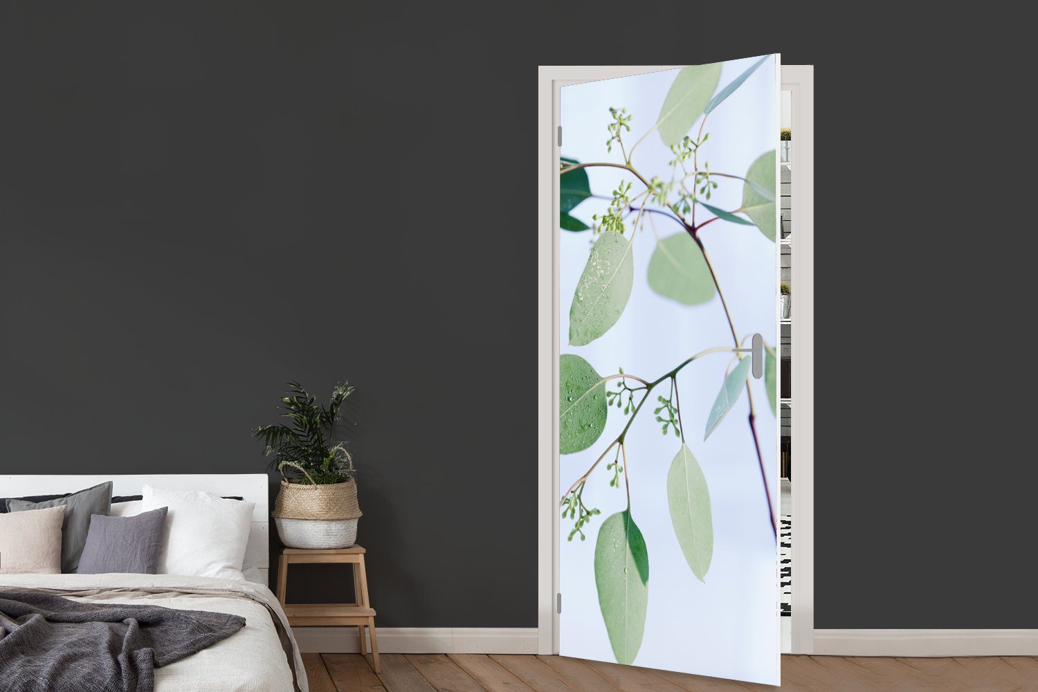 75x205 (1 cm bedruckt, Türtapete Türaufkleber, mit Matt, Eukalyptuszweige für MuchoWow St), Fototapete Tür, Blättern,