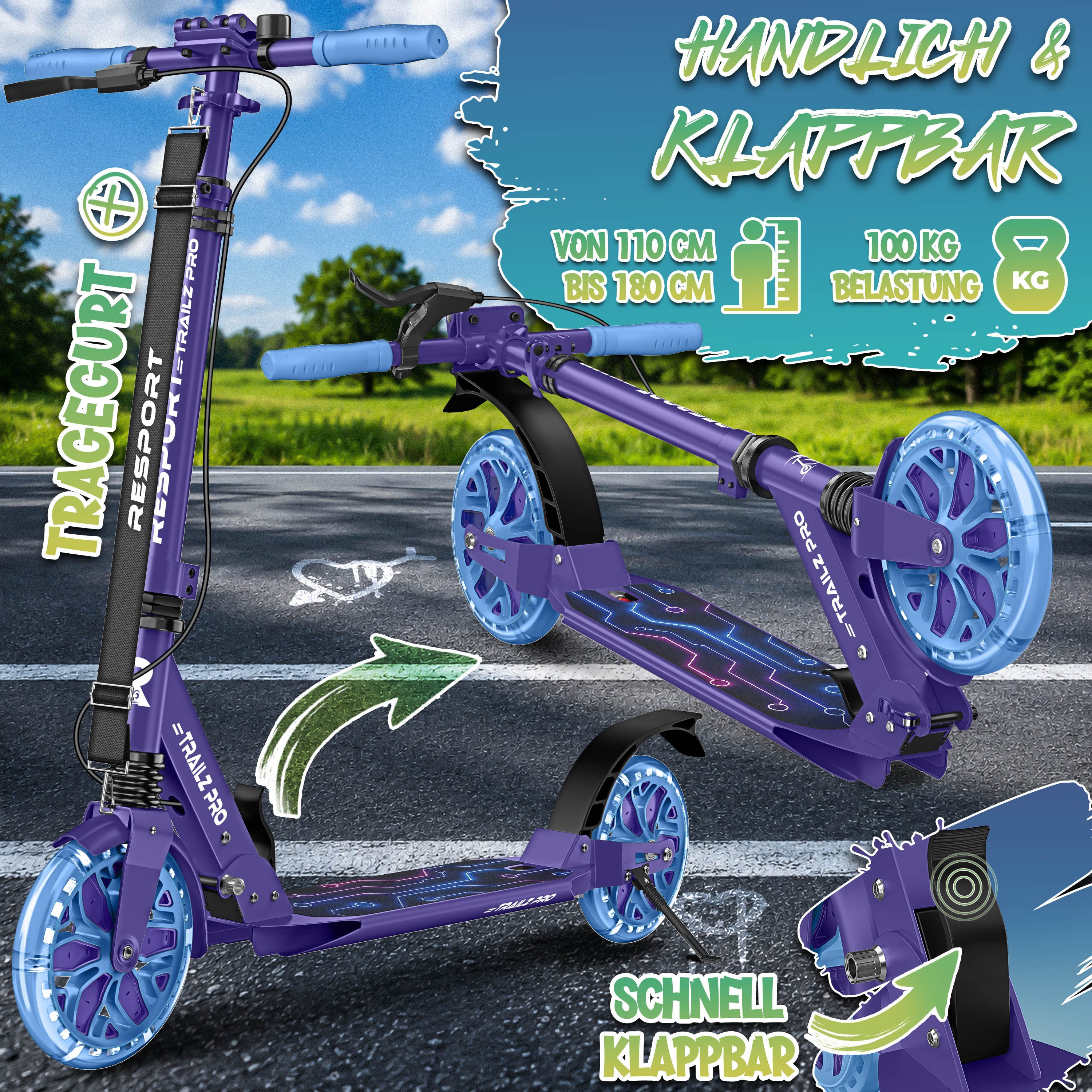 RE:SPORT Cityroller RE:SPORT® Trailz Pro Cityroller Scooter inkl. Tragegurt und Klingel, (Scooter höhenverstellbar & klappbar, Kickscooter Tretroller inkl. Handbremse & Doppelfederung), Cityroller für Kinder & Erwachsene mit LED, Klingel & Tragegurt
