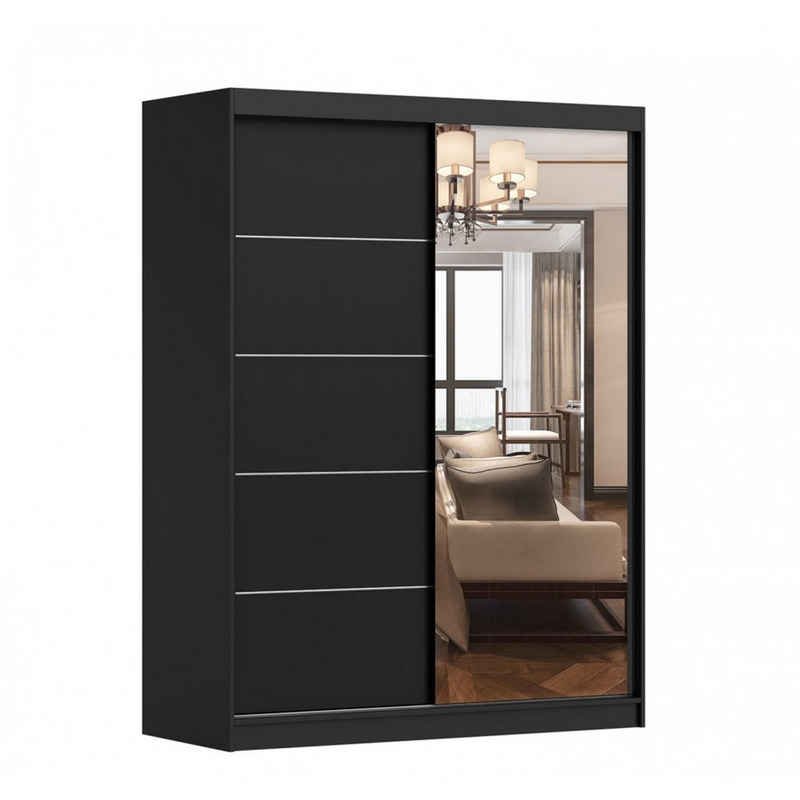 MOEBLO Kleiderschrank LARA 05 (mit Spiegel Schwebetürenschrank 2-türig Schrank mit vielen Einlegeböden und Kleiderstange, Gaderobe Schiebtüren Schlafzimmer-Wohnzimmerschrank Modern Design), (BxHxT): 150x200x61 cm