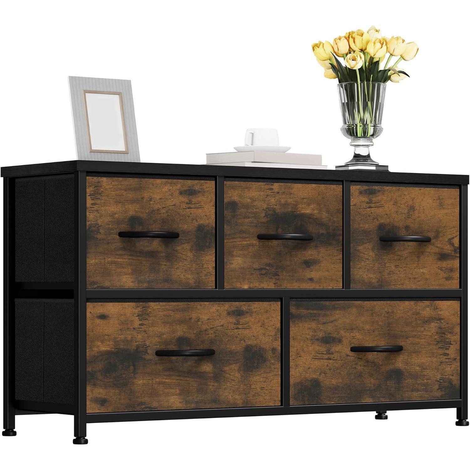 YITAHOME Kommode Kommode Schrank 5 Schubladen Stoff Aufbewahrung Modern Rustikal