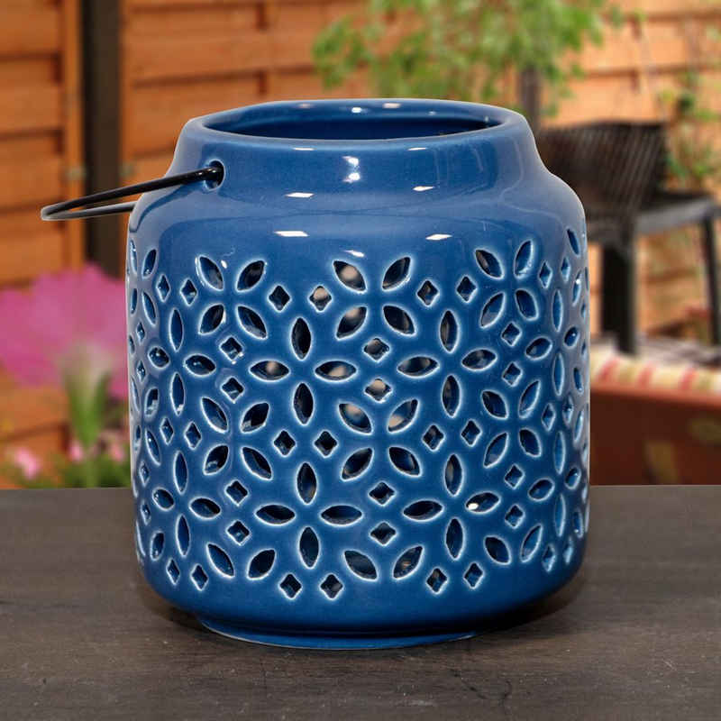 Antikas Kerzenhalter Windlicht aus dunkelblauem Keramik mit Tragebügel