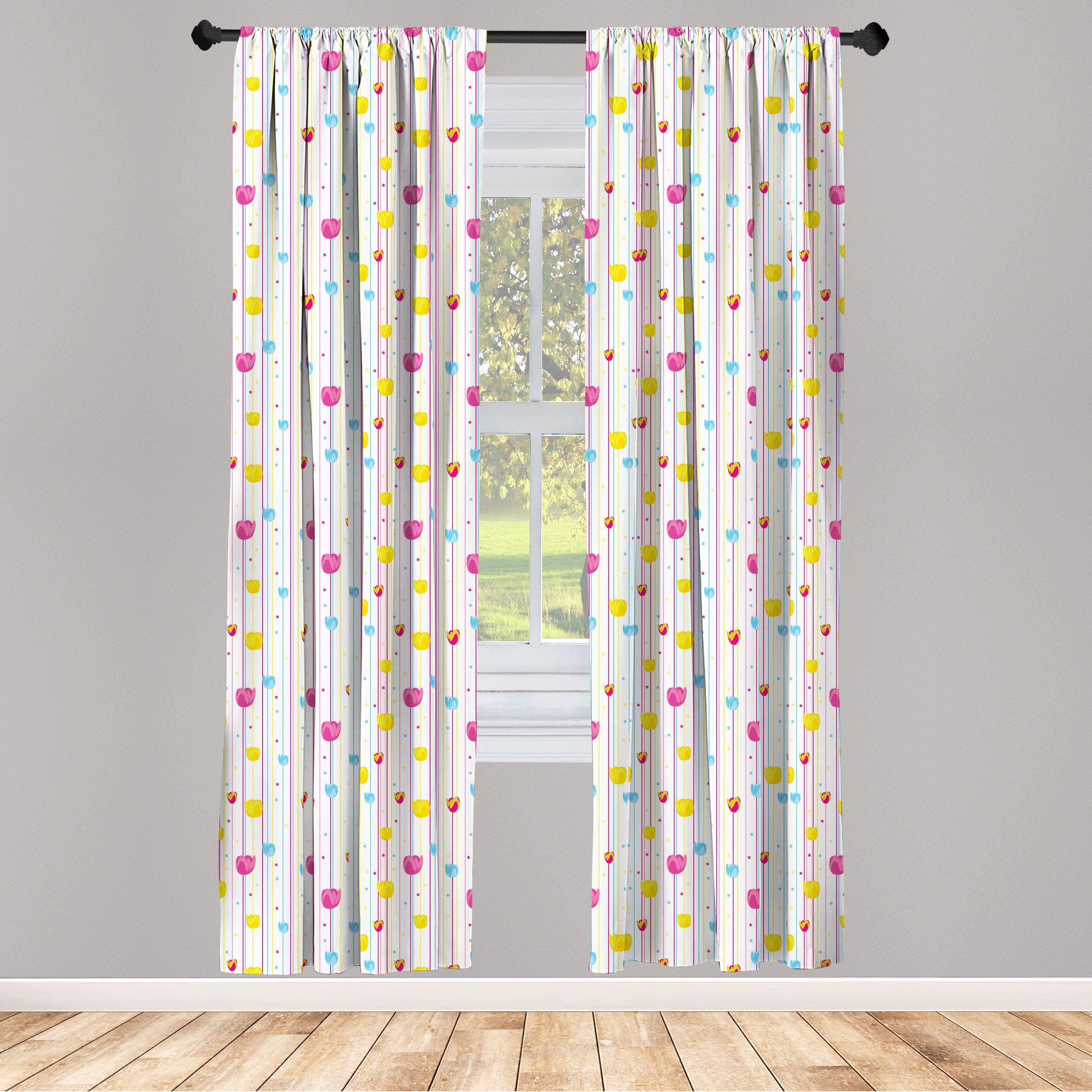 Gardine Vorhang für Wohnzimmer Schlafzimmer Dekor, Abakuhaus, Microfaser, Gelb und Blau Stripes Tulpen