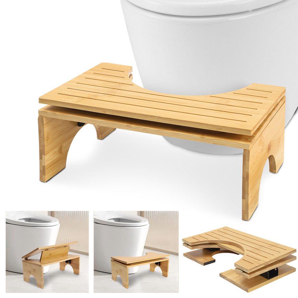PRIISF Badhocker Toilettenhocker Bambus WC Hocker klappbar Klohocker Toilette Fußhocker (Falten Bambus Toilette Hocker Badhocker mit Anti-Rutsch-Pads Fußstütze, Badezimmer Hocker Toilettenstuhl Rutschfest für Erwachsene und Kinder), Ergonomischer für Hämorrhoiden Verstopfung Blähungen Reizdarm
