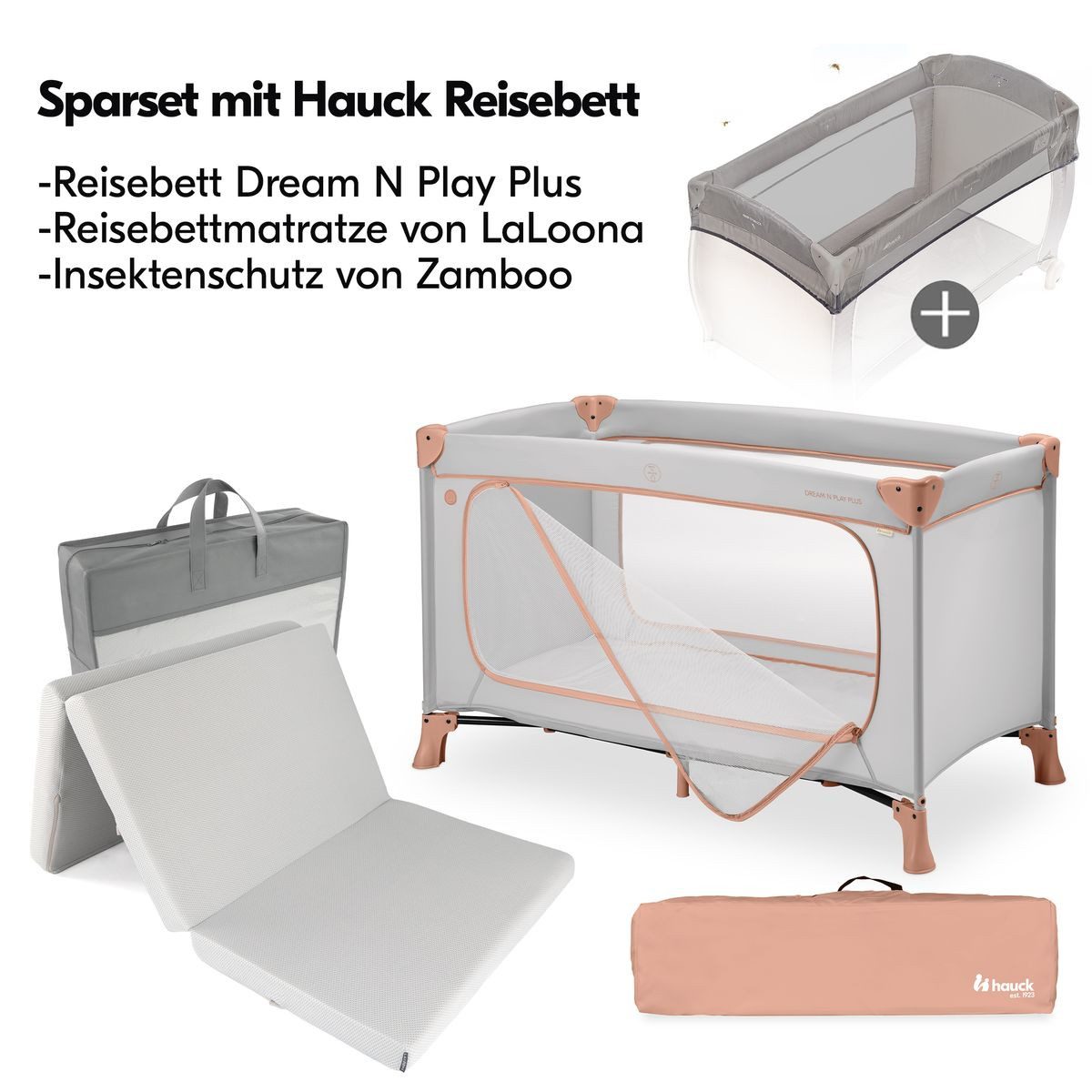 Hauck Baby-Reisebett Dream N Play Plus - Dusty Cork, Kinder Baby Reisebett mit großem Eingang, Matratze & Insektenschutz