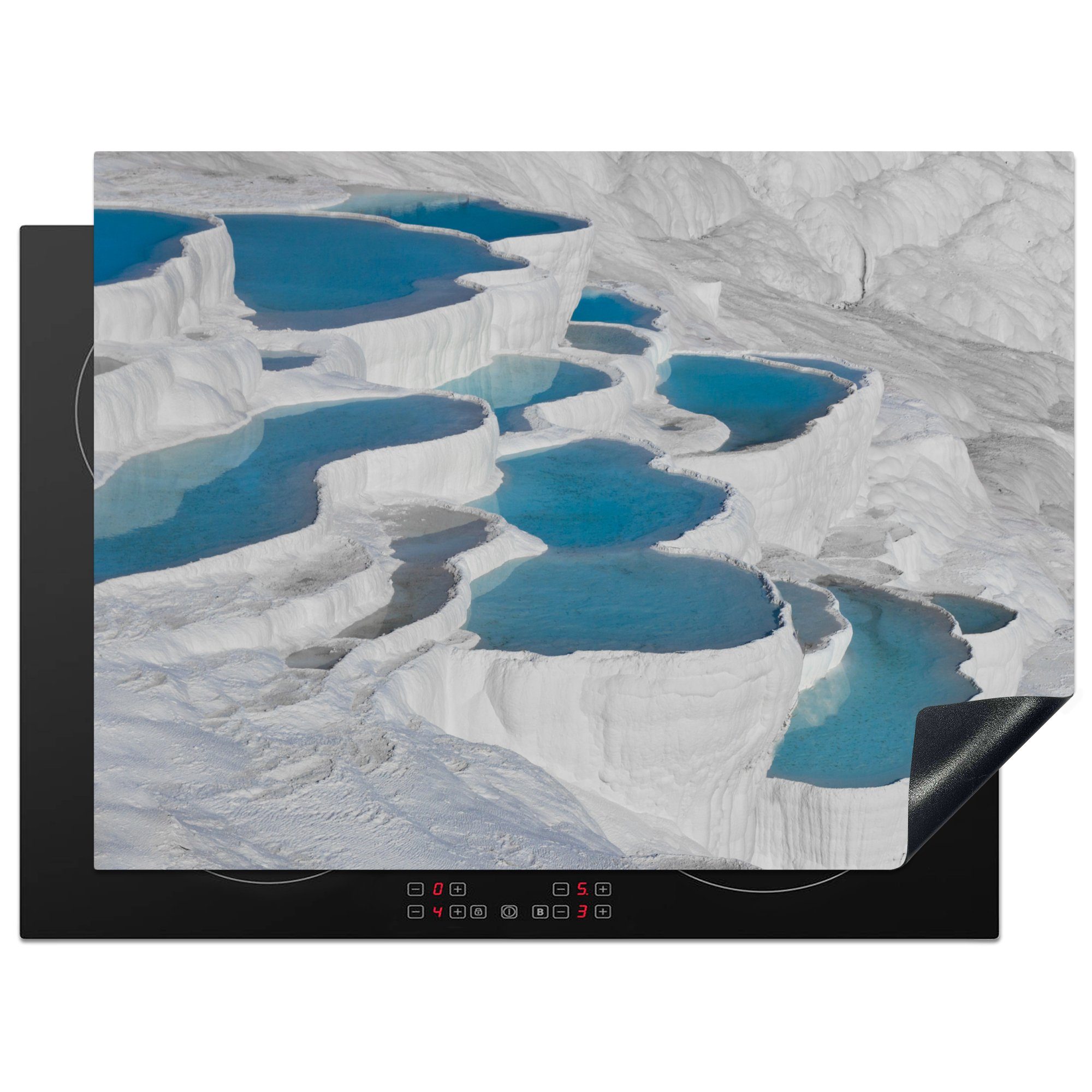 MuchoWow Herdblende-/Abdeckplatte Blaues Wasser im Kalk von Pamukkale in der Türkei, Vinyl, (1 tlg), 70x52 cm, Mobile Arbeitsfläche nutzbar, Ceranfeldabdeckung