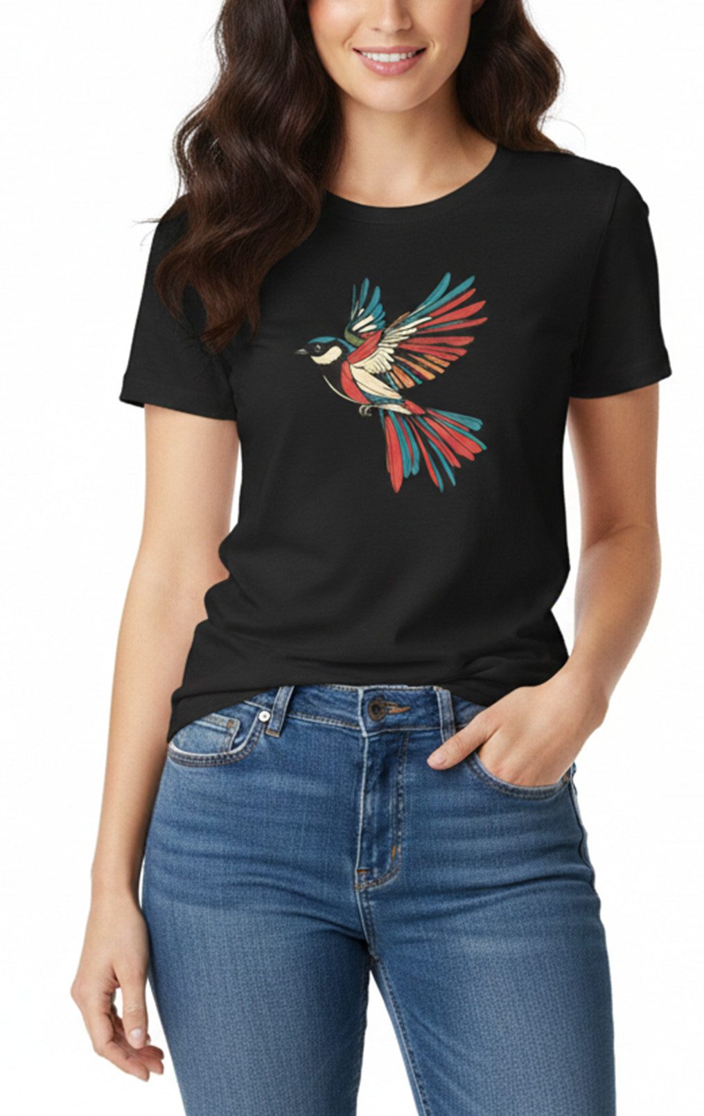 MAKAYA Print-Shirt Damen mit Vogelmotiv Kurzarm Top Frauen Oberteil Vogel L günstig online kaufen
