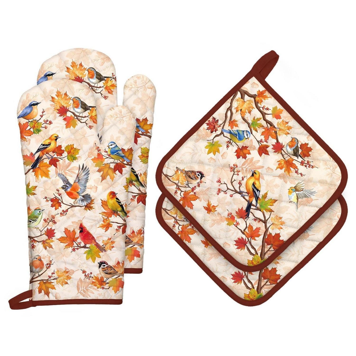 LuxusKollektion Topfhandschuhe Ofenhandschuh/Topflappen Set Herbst Vögel 4er