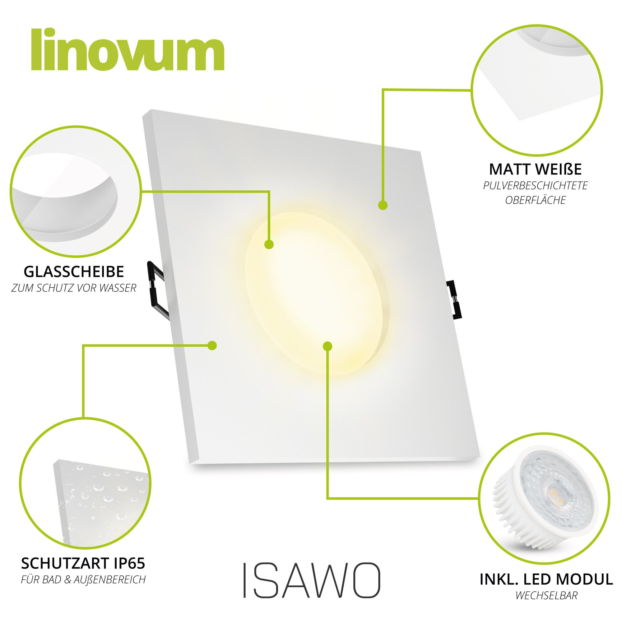 linovum LED Außen-Deckenleuchte ISAWO Einbau Deckenstrahler IP65 weiß mit LED Lampe 4W warmweiß Spot, Warmweiß