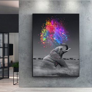 TPFLiving Kunstdruck (OHNE RAHMEN) Poster - Leinwand - Wandbild, Grauer Elefant mit bunten Regenbogen Farben (Verschiedene Größen), Farben: Leinwand bunt - Größe: 20x30cm