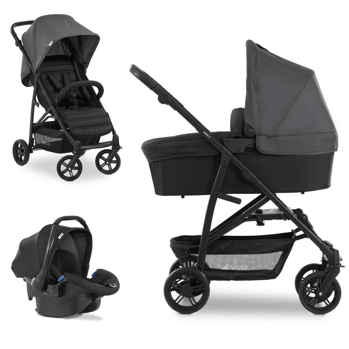 Hauck Kombi-Kinderwagen Hauck 3in1 Kinderwagen-Set Rapid 4 Trioset (bis 25, (3-tlg), 3in1 Kinderwagen Buggy Set mit Babyschale, Babywanne und Sportsitz
